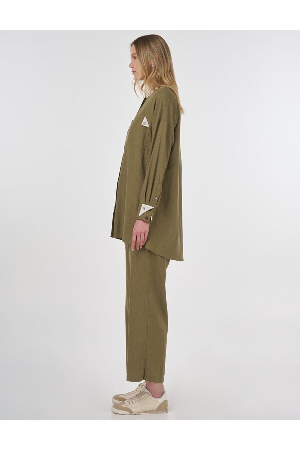 Kayra-Linen Blended Judge Collar Tunic Khaki 4
