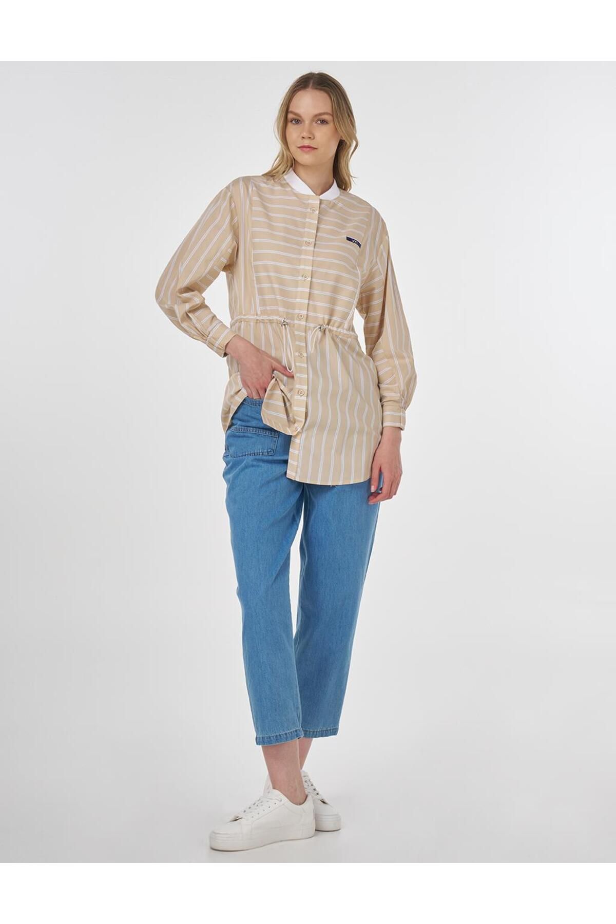 KYR-Gathered Waist Line Pattern Poplin Tunic Beige 3