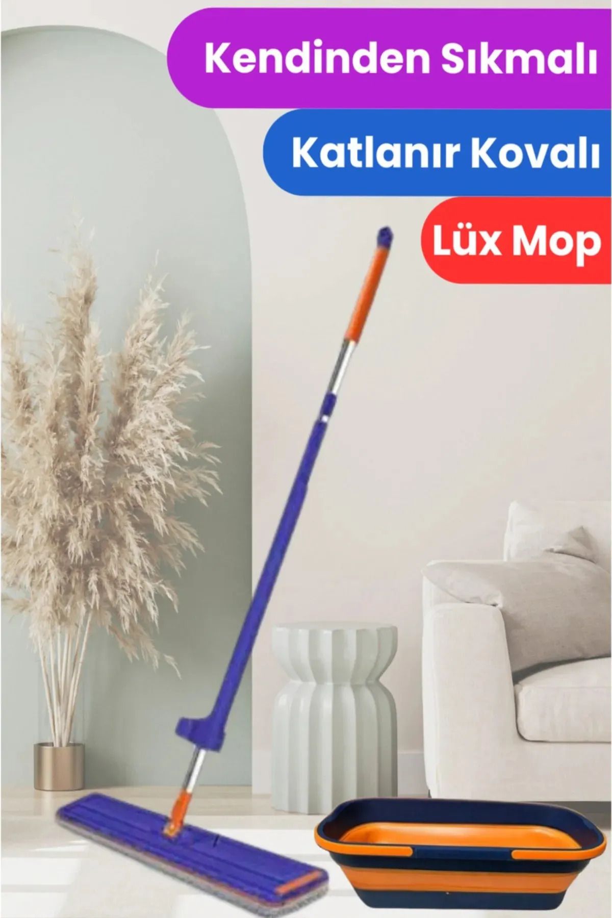 Plant Aksesuar 360° Dönebilen, Tekerlekli Kovalı, Kendinden Sıkmalı, Yedek Bezli Mop Seti