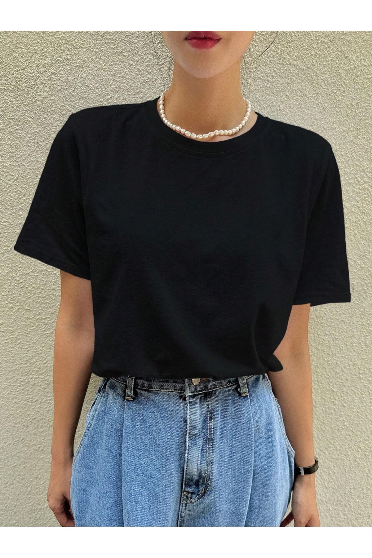 KEALVİ Kadın Siyah Düz Renk Basic Tshirt - Bisiklet Yaka