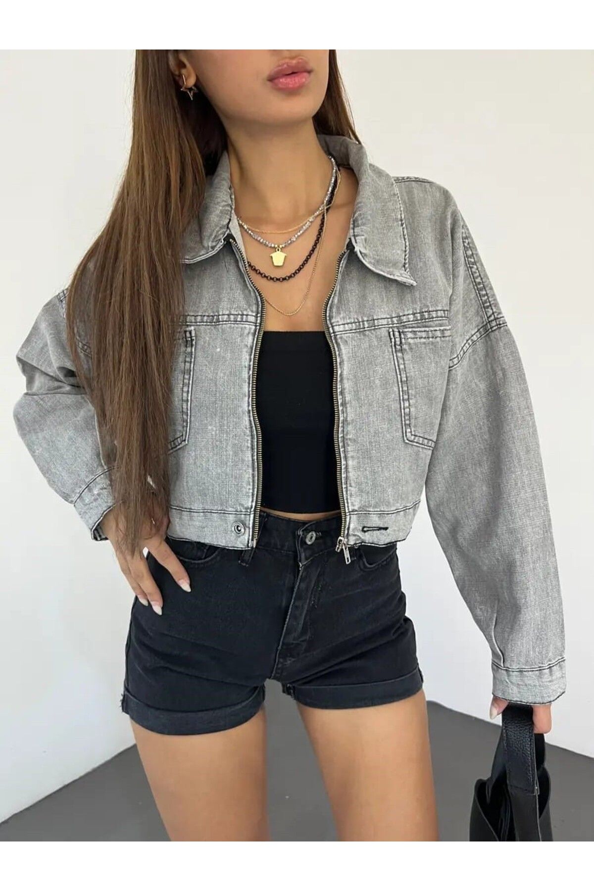 Pearl Life Kadın Fermuarlı Çift Cepli Denim Ceket