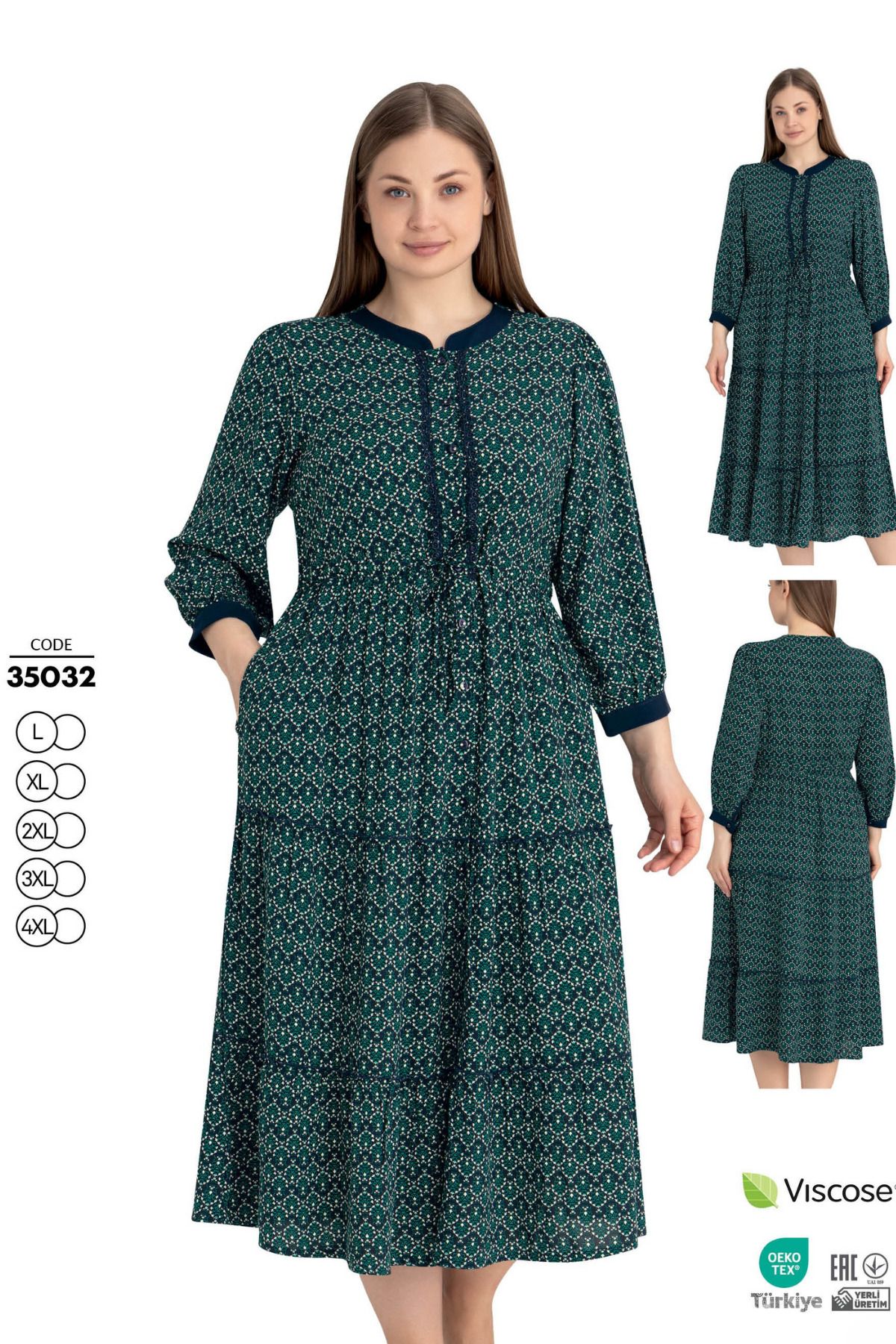 Juliet Deluxe Kadın Büyük Beden Dokuma Viskon Kumaş Desenli Düğmeli Elbise 35032
