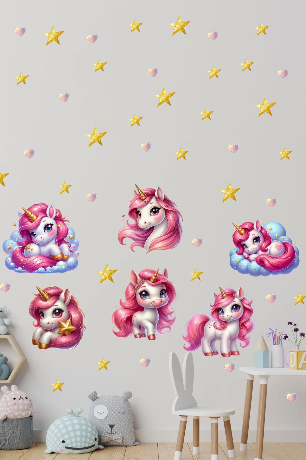 KT Decor Sevimli Minik Unicornlar Kız Çocuk Odası Duvar Sticker Seti