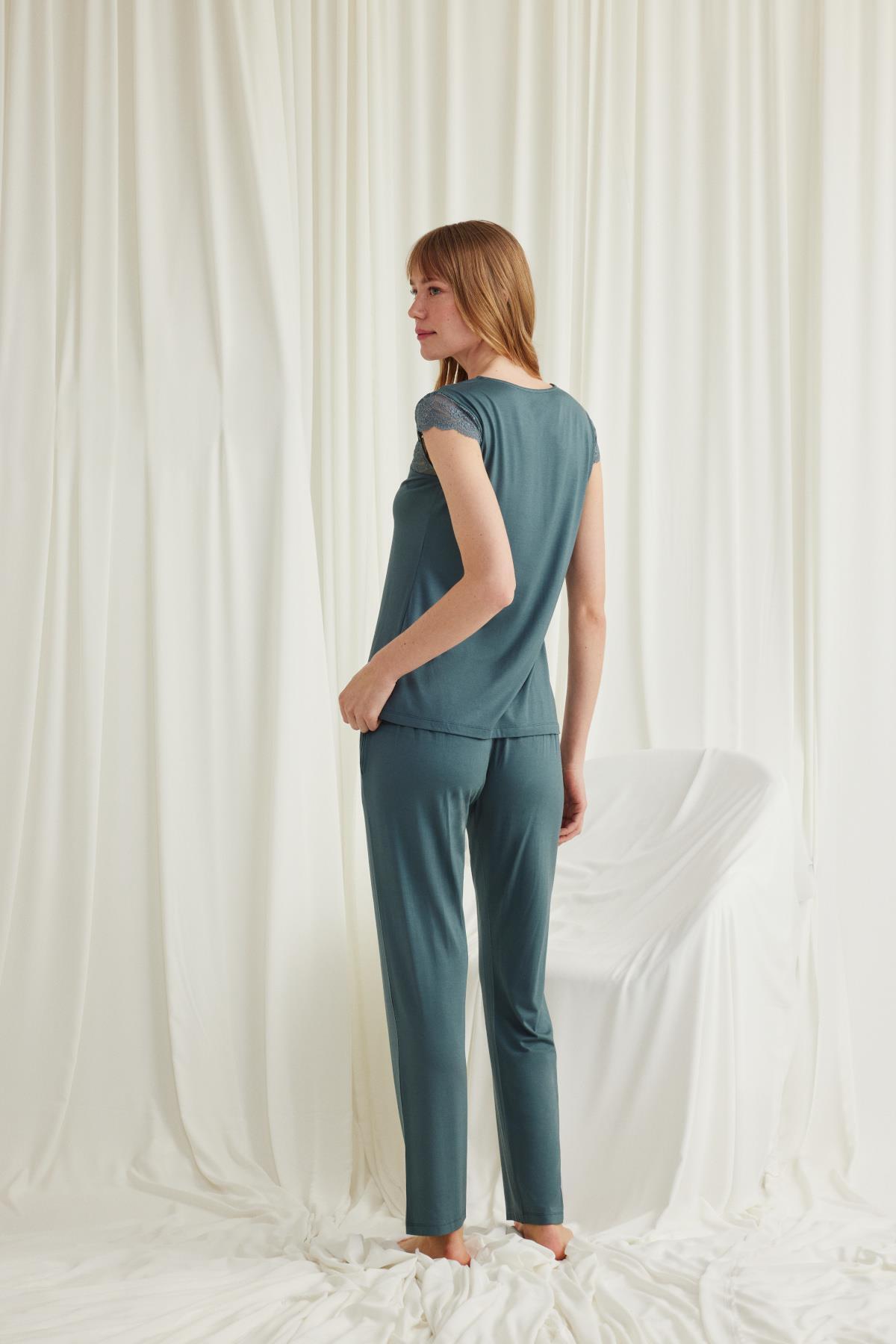 MONAMİSE-Collar Sleeve and Shoulder Lace Front Buttoned Pajama Set 6