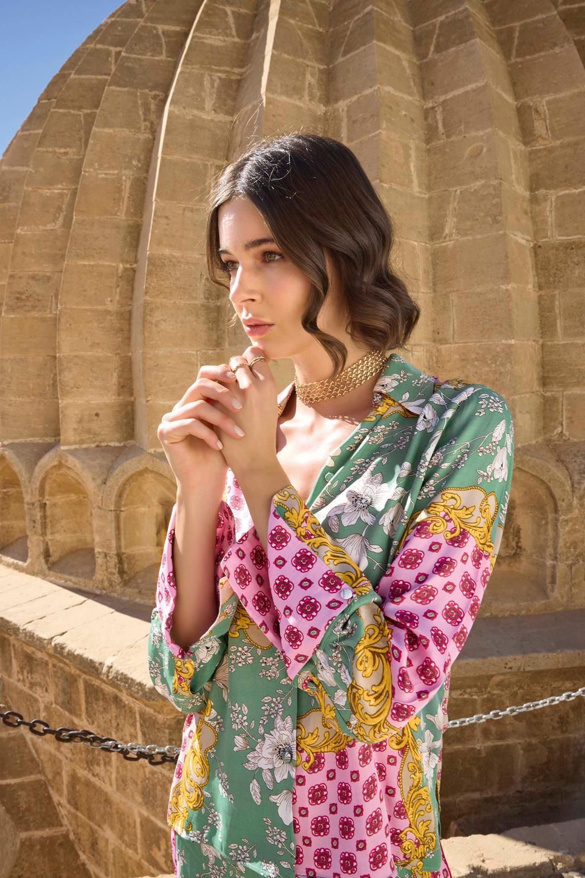 MONAMİSE-Flower and Leaf Patterned Satin Pajama Set 7