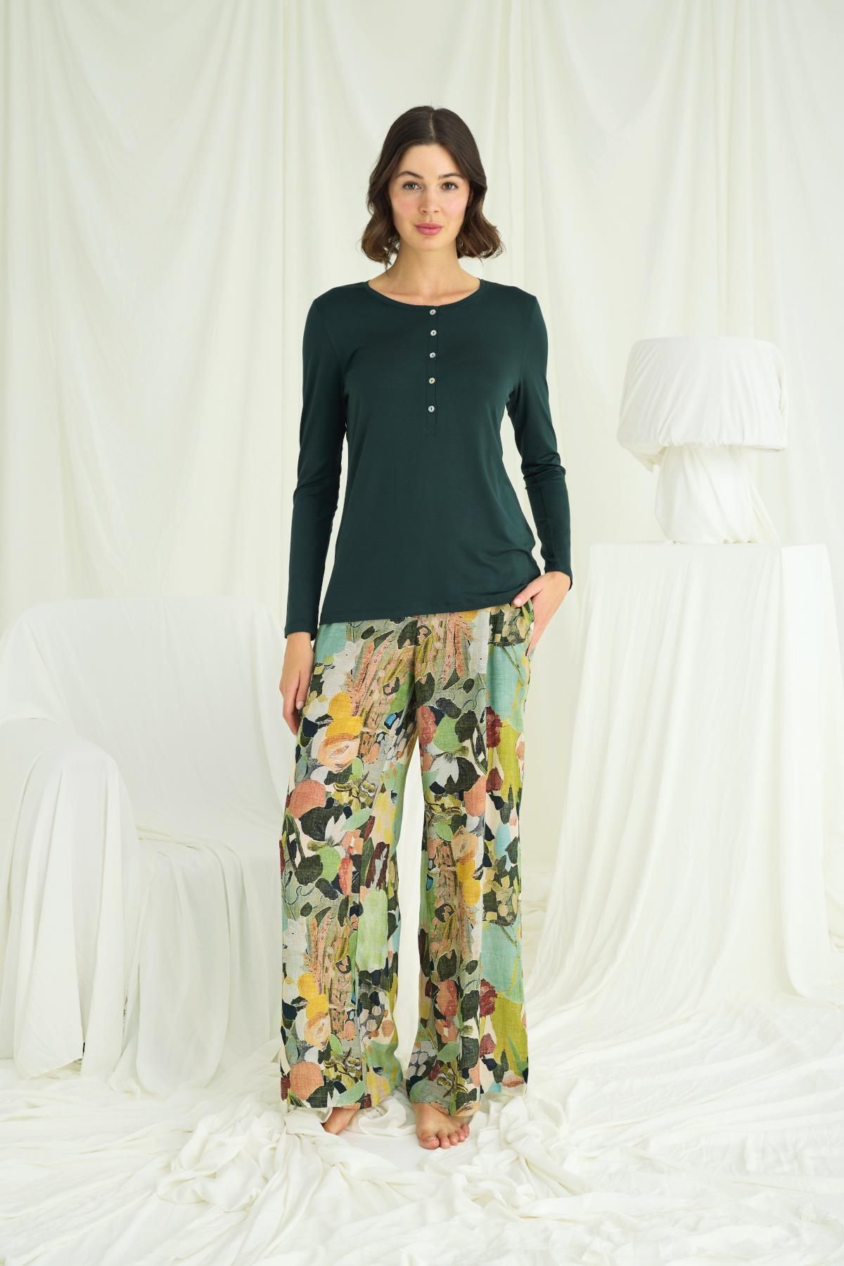 MONAMİSE-Flower and Leaf Patterned Pajama Set 2