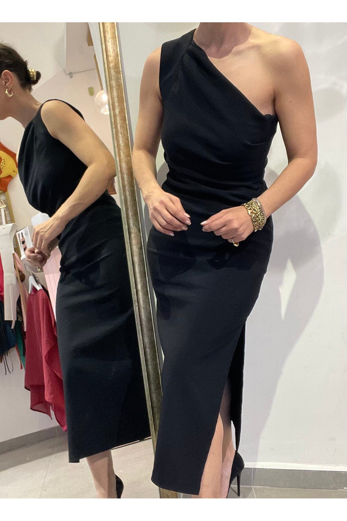 Butik Kadın, Tek Omuz, Drapeli-Büzgülü, Yırtmaçlı, Likralı,Midi Siyah Elbise