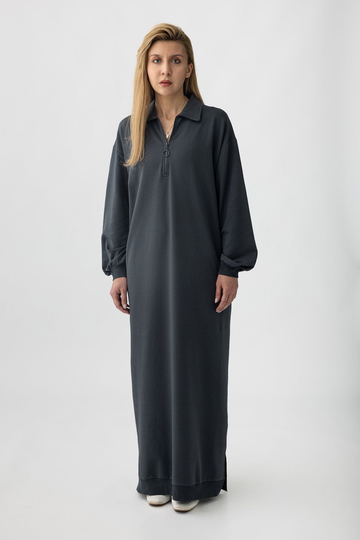 Suede Style 5611 - 2 İplik Yakası Fermuarlı Boydan Kadın Elbisesi