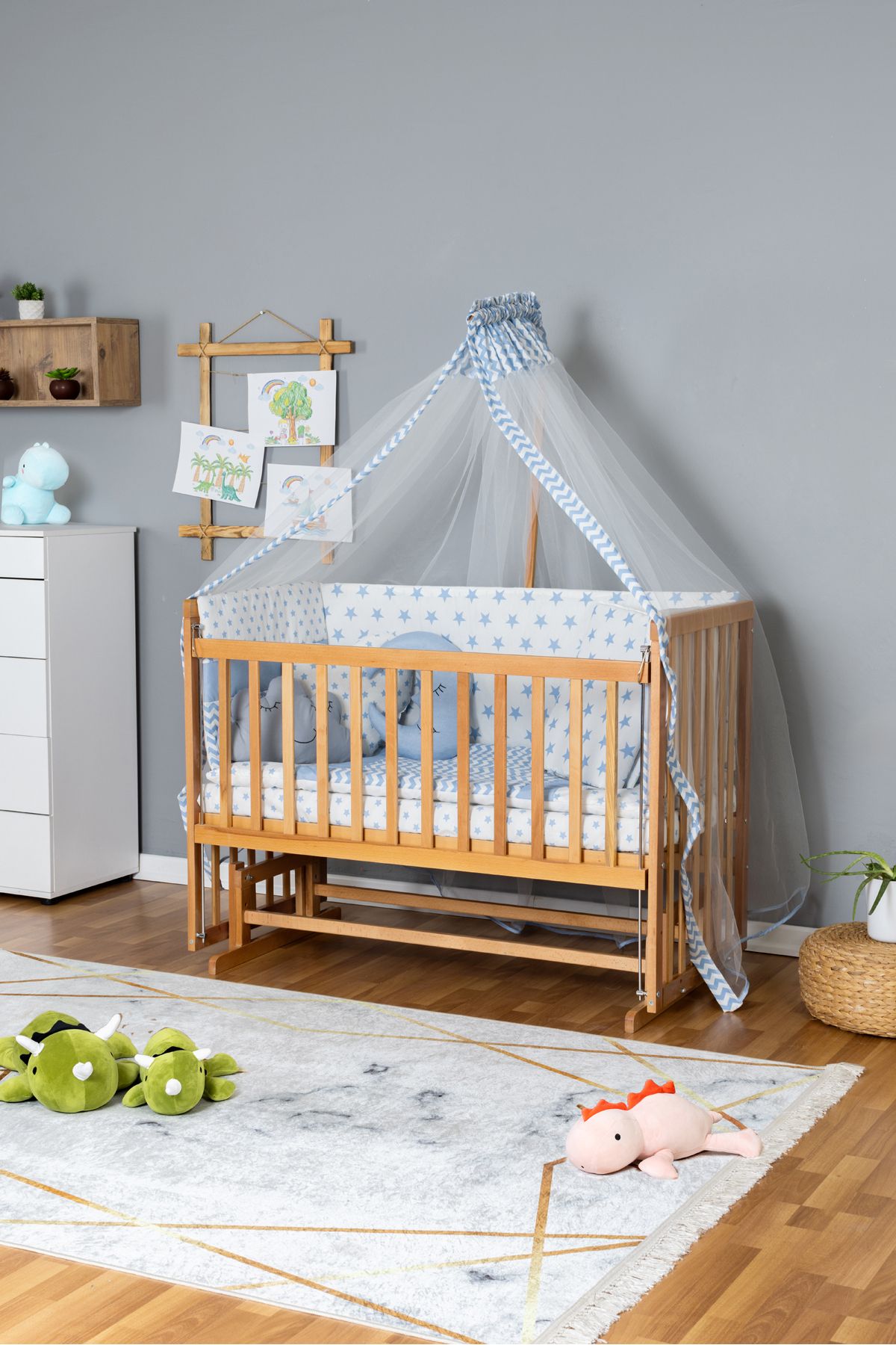 Carino Wins Ahşap Beşik Anne Yanı Yeni Doğan Asya Organik Bebek Beşiği MAVİ YILDIZ UYKU SETLİ