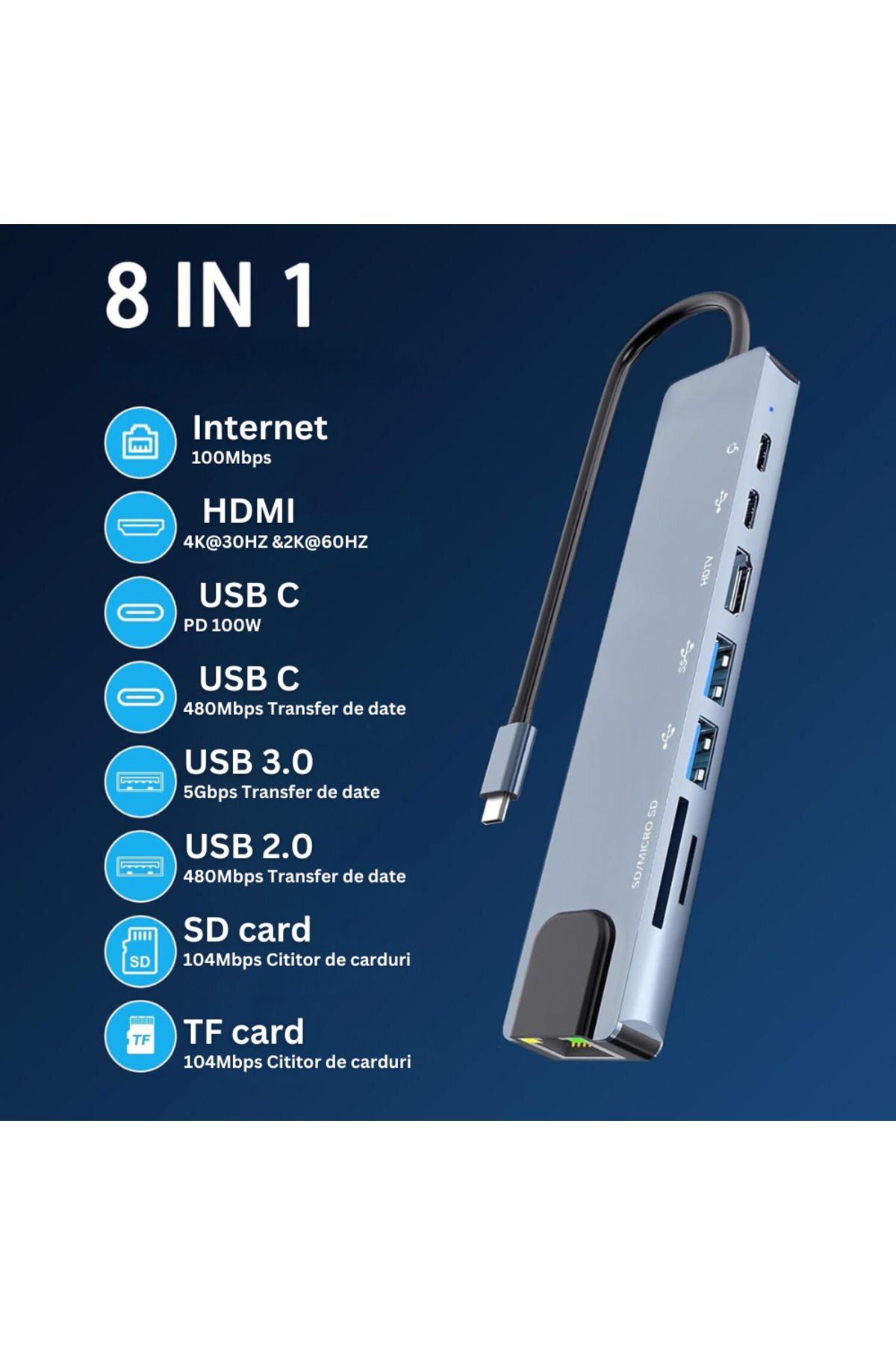 Velixo-8 In 1 Usb-c Multiport Adapter Hub, 1 X Ethernet, 1 X Usb 3.0, 1 X Hdmi 4k, 30 Hz 2