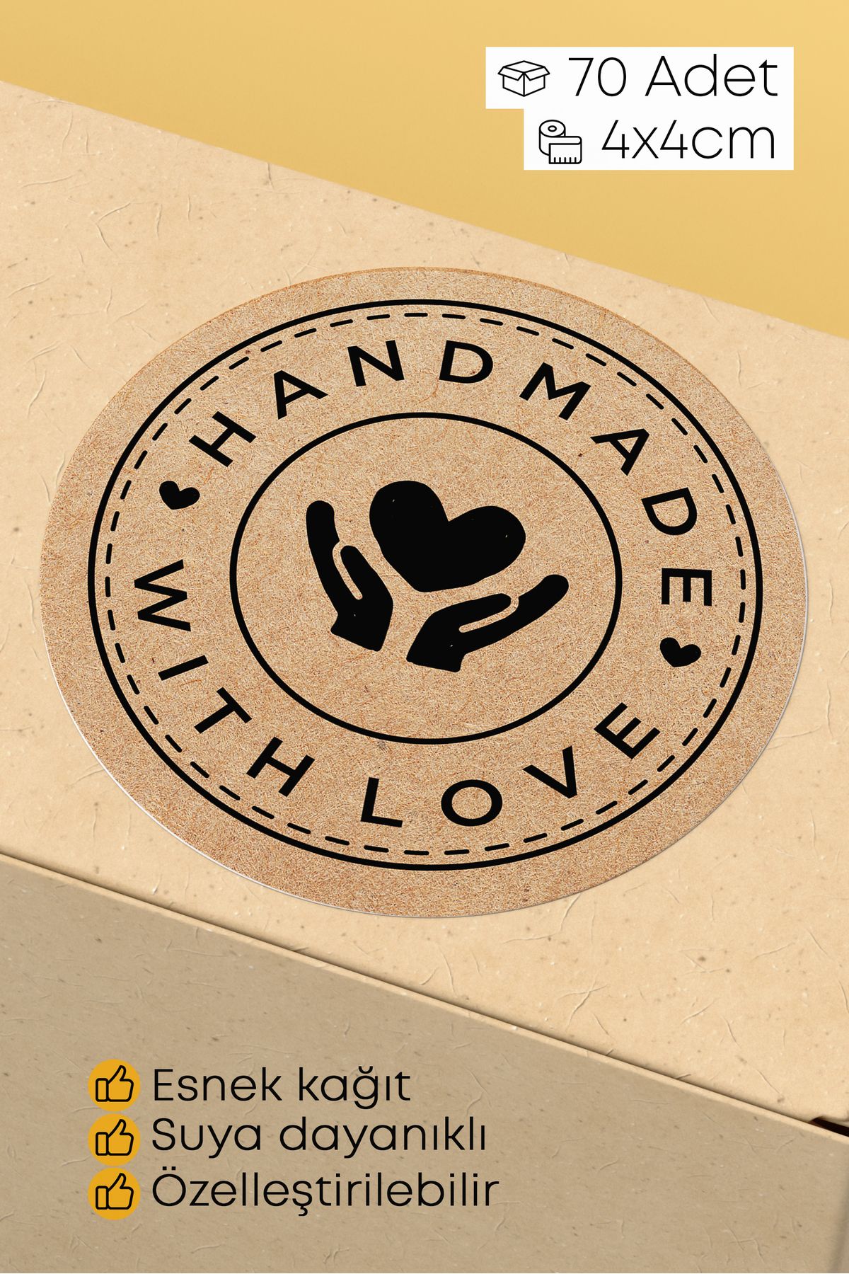 alışveriş kurdu Hand Made - With Love Yazılı Sticker Paketleme Kargo Ambalaj Etiketi - 4x4cm 70 Adet Yuvarlak