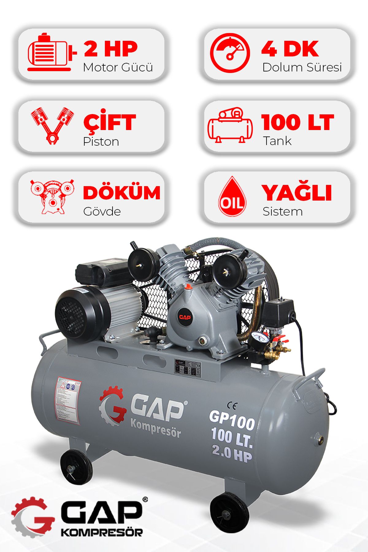 GAP KOMPRESÖR Hava Kompresörü Pistonlu 100lt 2 Kafa 8 Bar 2 Hp GP100