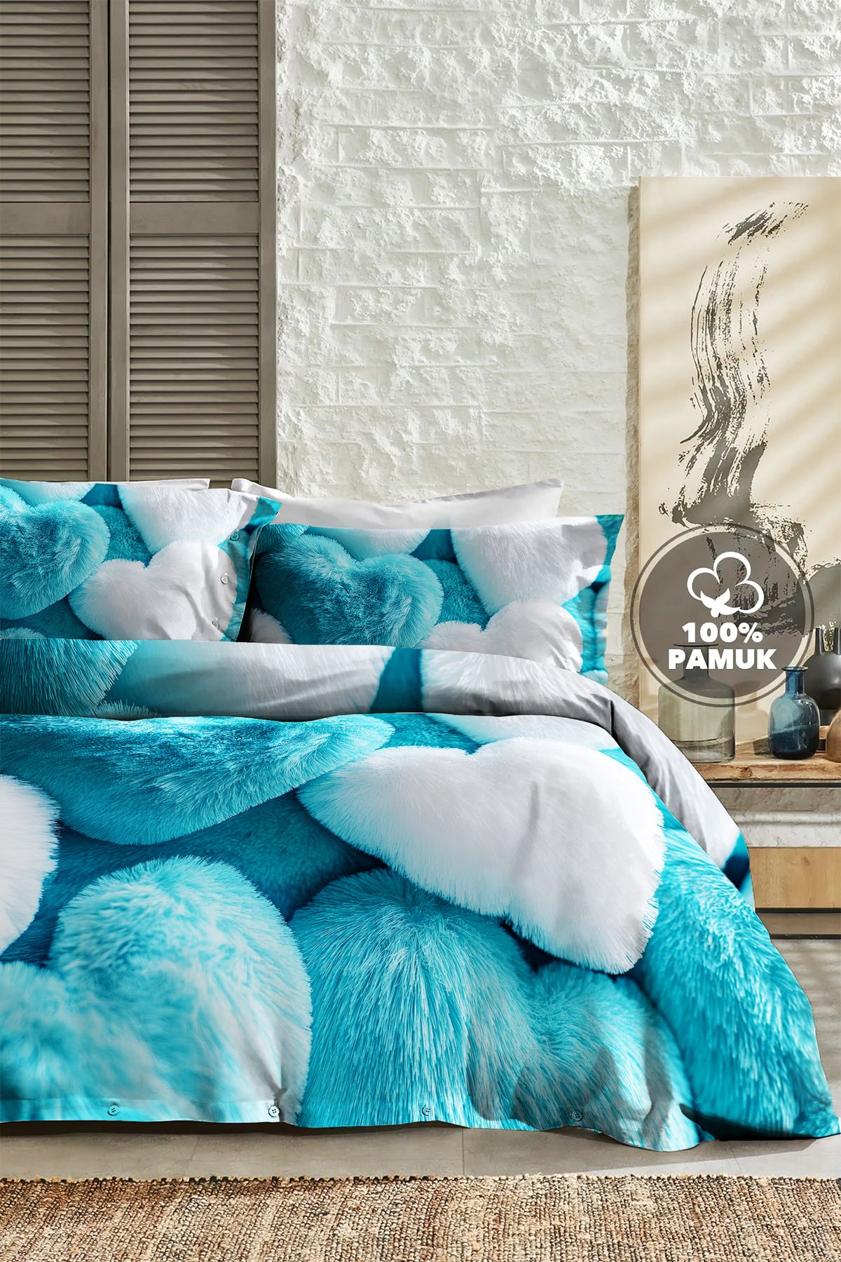 MonoHome Çift Kişilik Nevresim 3D Tasarım %100 Pamuk Oeko-tex®Sertifikalı Özel Dokuma Hearts of fur