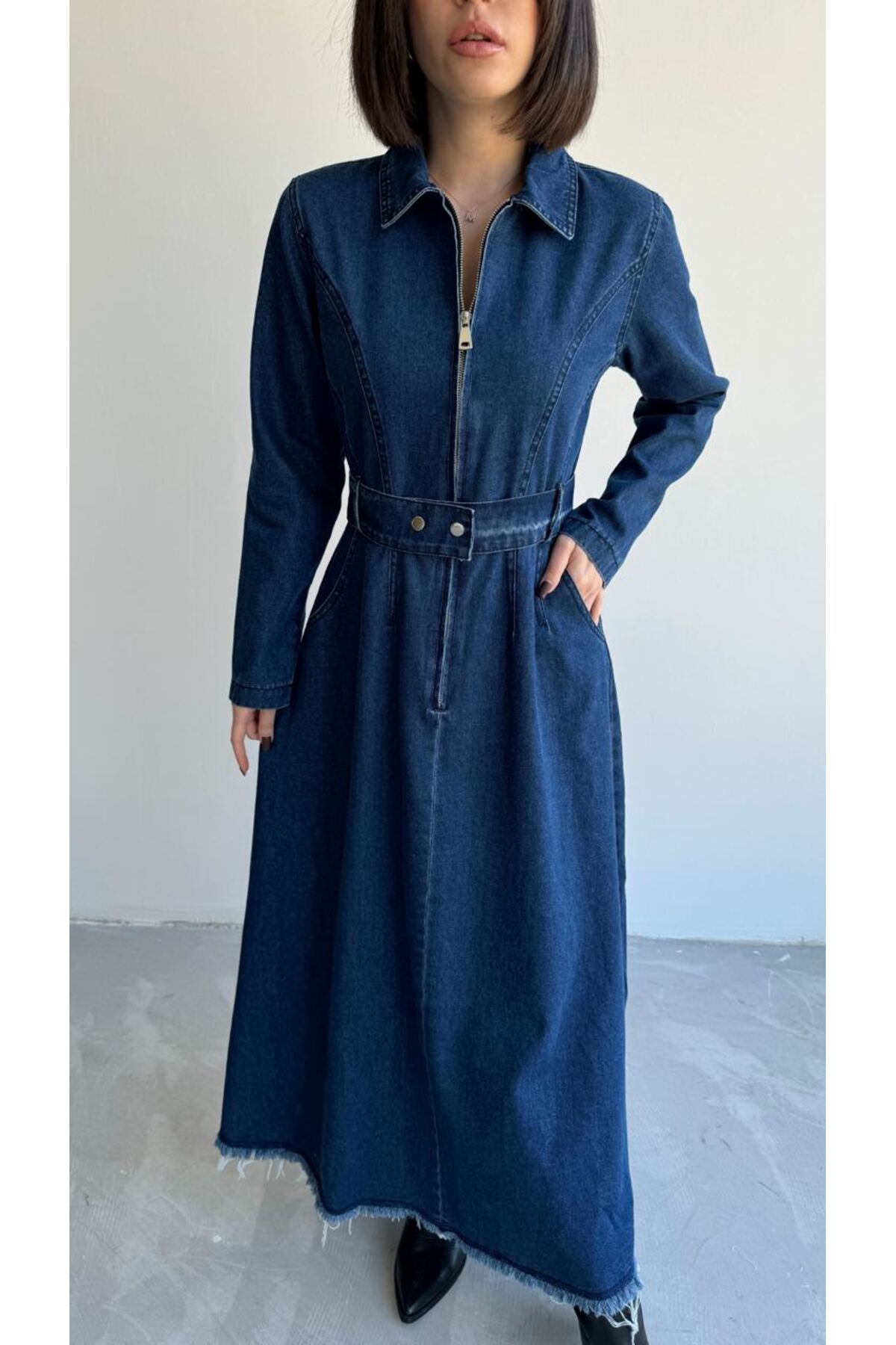 Suede Style  8938 - Yarım Fermuarlı Uzun Rahat-Şık Kadın Elbisesi - Görsel 3