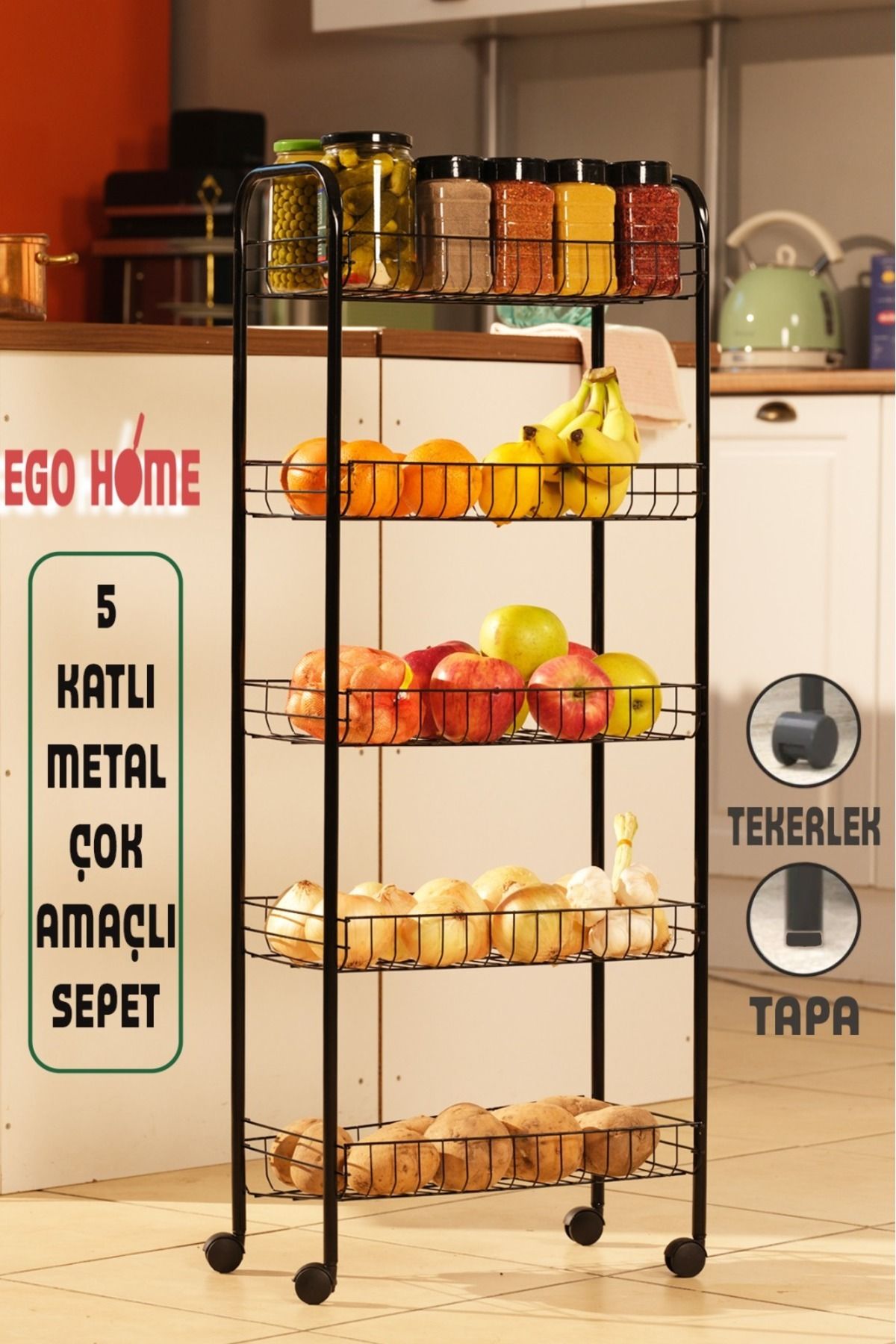 ego home 5 Katlı Metal Raf Sebzelik Patateslik Soğanlık Meyvelik Patates Soğan Sepeti Çok Amaçlı Metal Raf