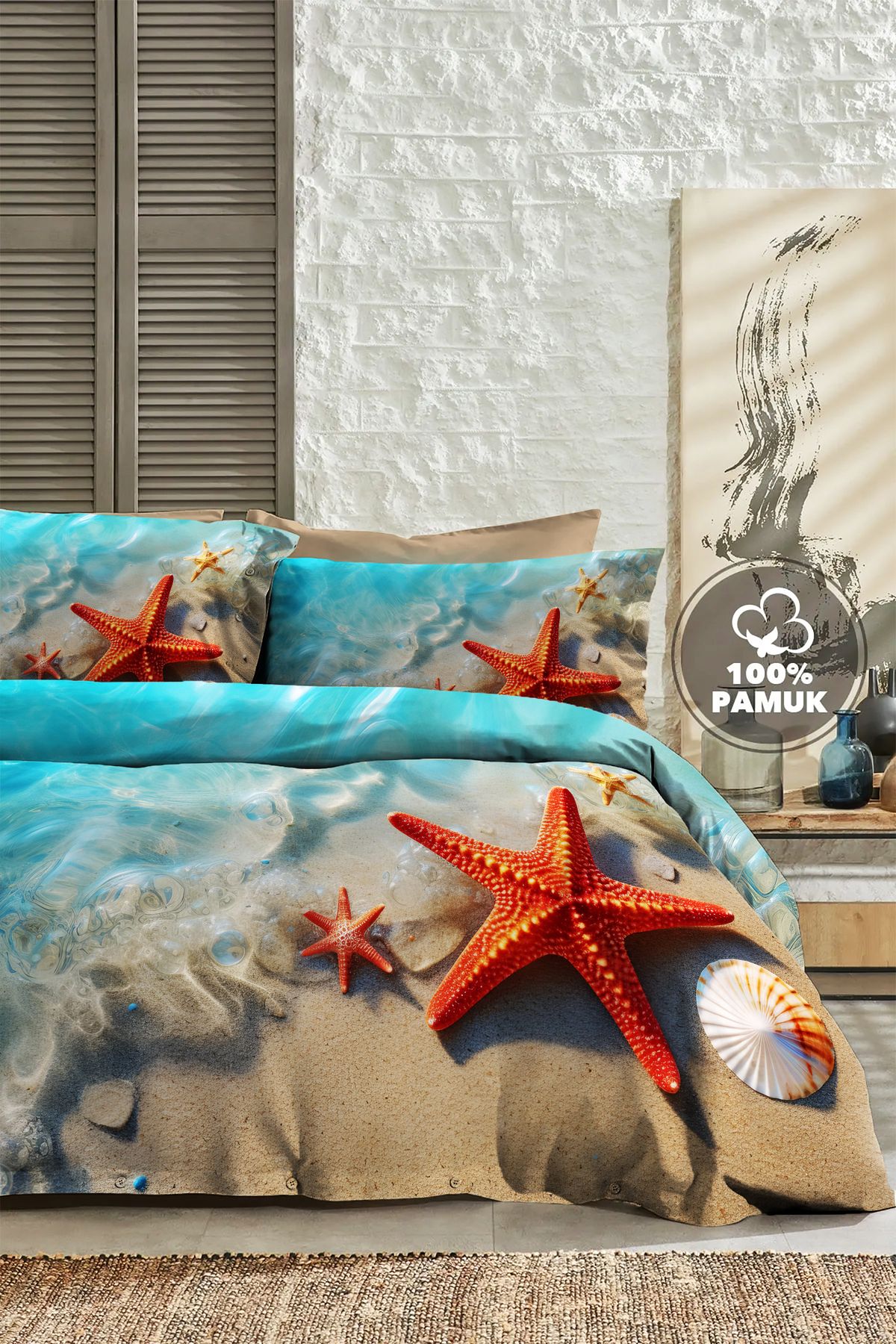 MonoHome Çift Kişilik Nevresim 3D Tasarım %100 Pamuk Oeko-tex®Sertifikalı Özel Dokuma Sea Stars