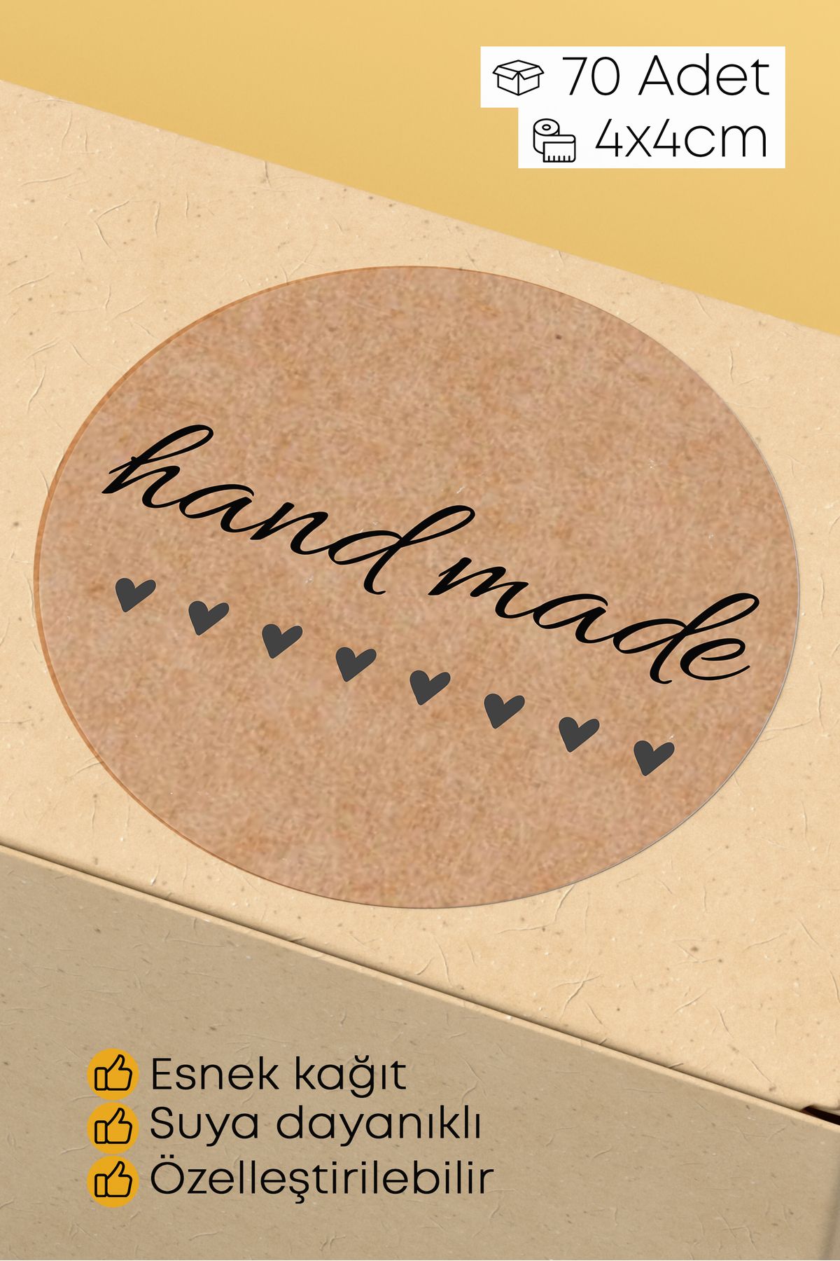 alışveriş kurdu Hand Made - With Love Yazılı Sticker Paketleme Kargo Ambalaj Etiketi - 4x4cm 70 Adet Yuvarlak