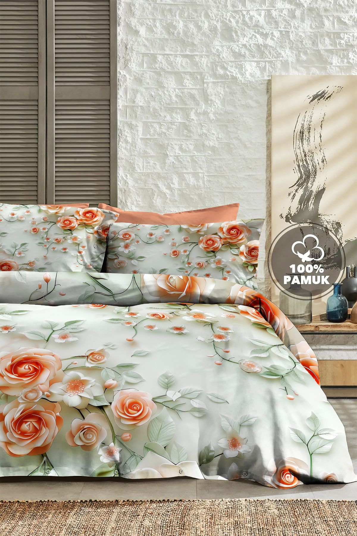 MonoHome Çift Kişilik Nevresim 3D Tasarım %100 Pamuk Oeko-tex®Sertifikalı Özel Dokuma Salmon Flowers