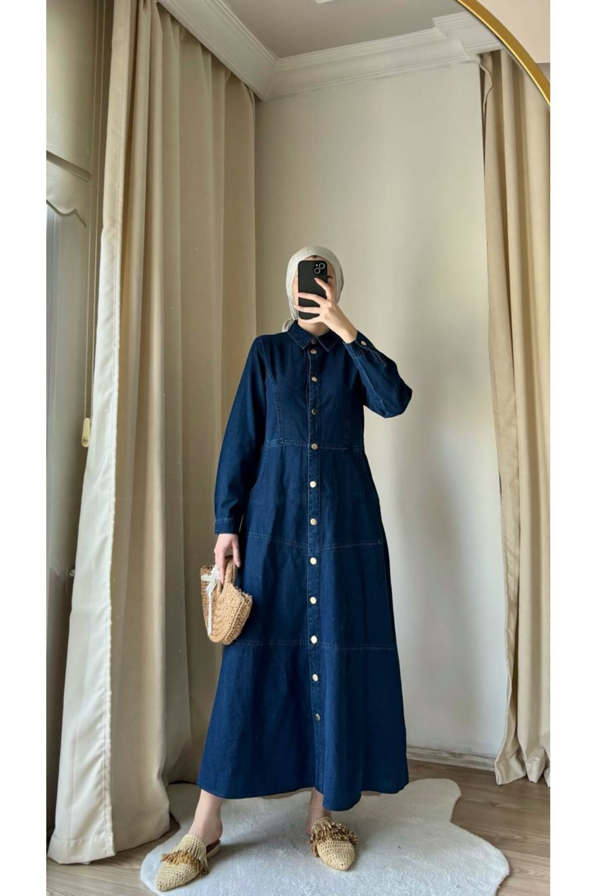 Suede Style 8953 - Boydan Düğmeli Uzun Rahat-Şık Kadın Elbisesi