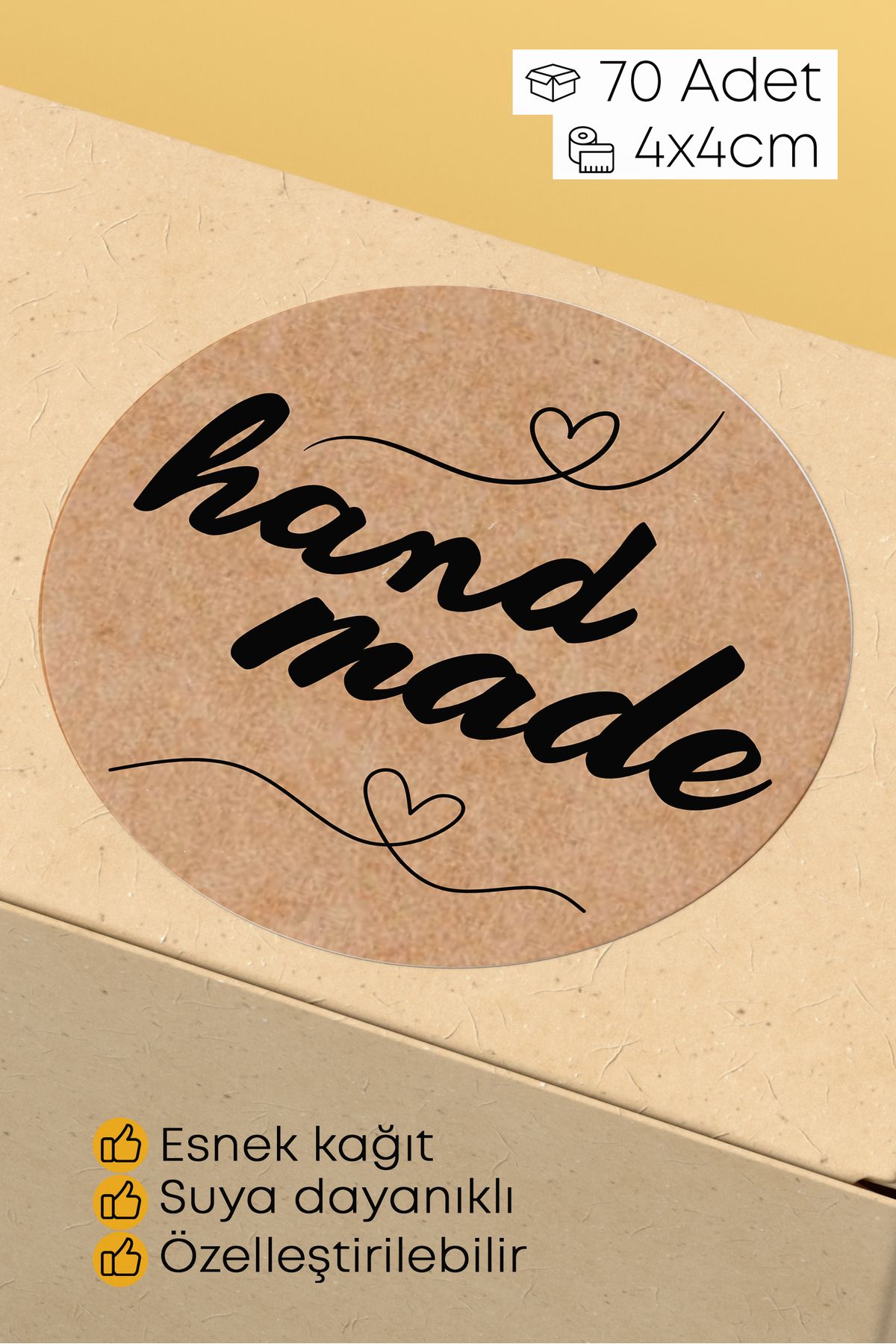alışveriş kurdu Hand Made - With Love Yazılı Sticker Paketleme Kargo Ambalaj Etiketi - 4x4cm 70 Adet Yuvarlak