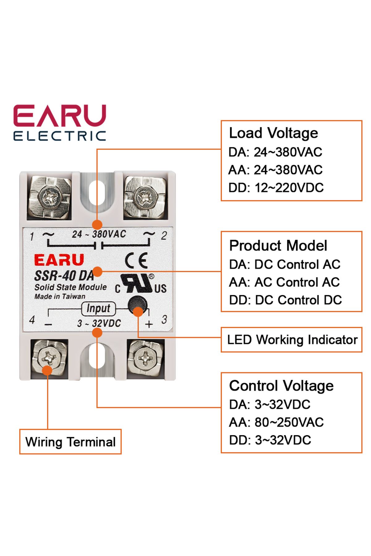 EARUELETRIC-Da Ssr-25a Ssr-25da Ssr-40da Ssr-40aa Ssr-40dd Ssr 10a 25a 40a 60a 80a 100a Dd Da Aa Solid State Rel 3