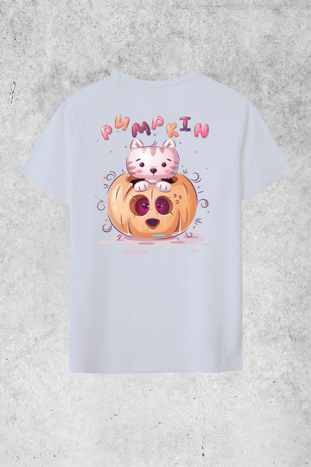 MOLICO Basic Unisex sıfır yaka kısa kollu BALKABAĞI DESENLİ SIRT BASKILI OVERSİZE TSHİRT