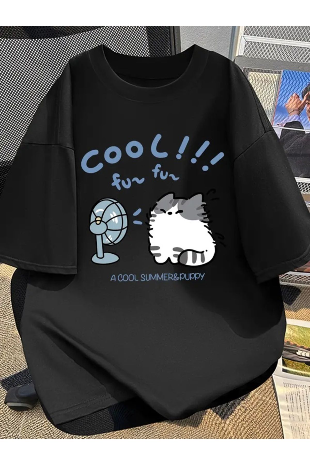 Touz Moda Cool Cat Baskılı Unisex Oversize T-shirt