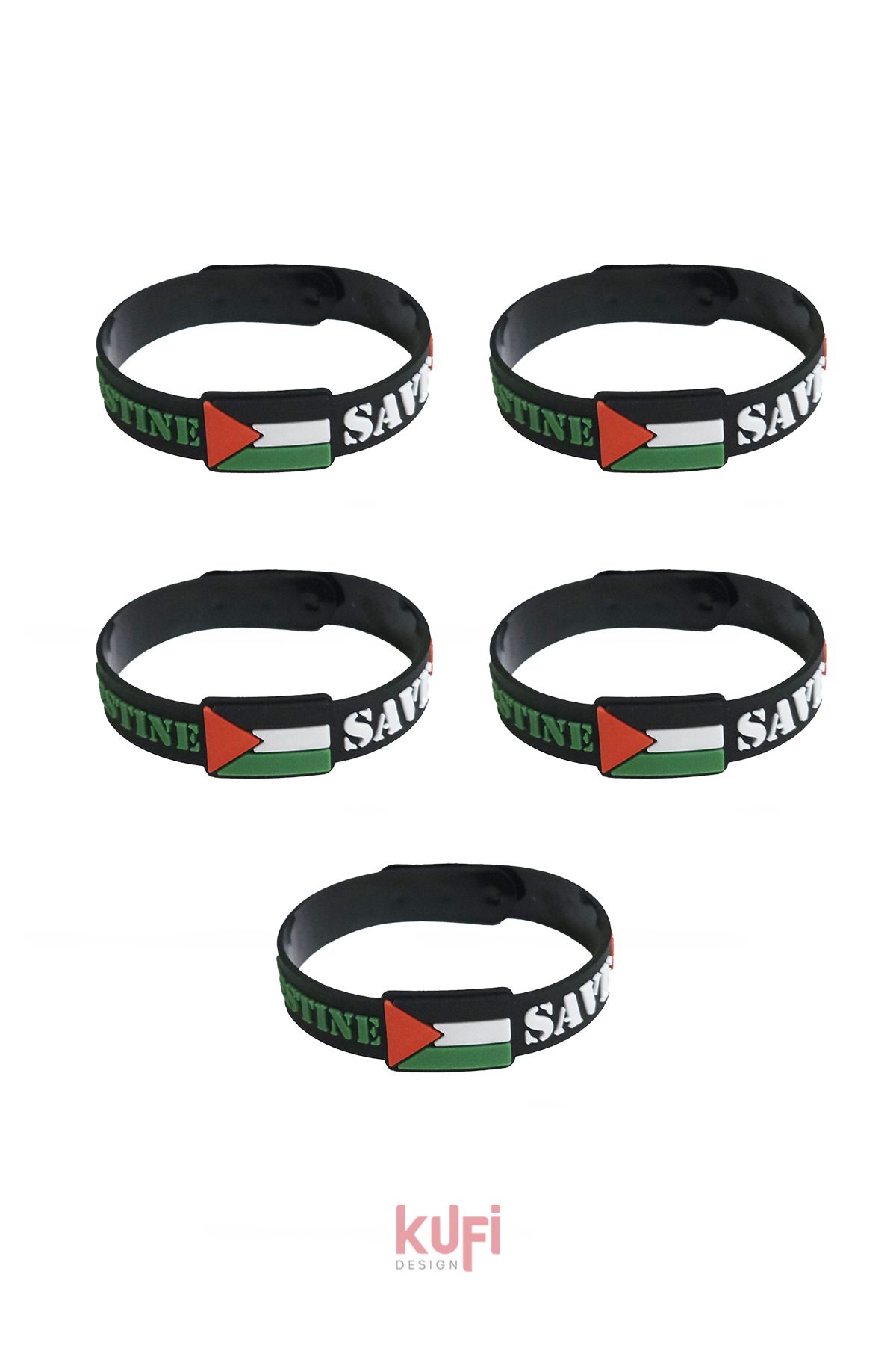 Kufi Design Filistin Bayrağı Silikon Bileklik Free Palestine Yazılı Kabartmalı PVC Bileklik 5 ADET