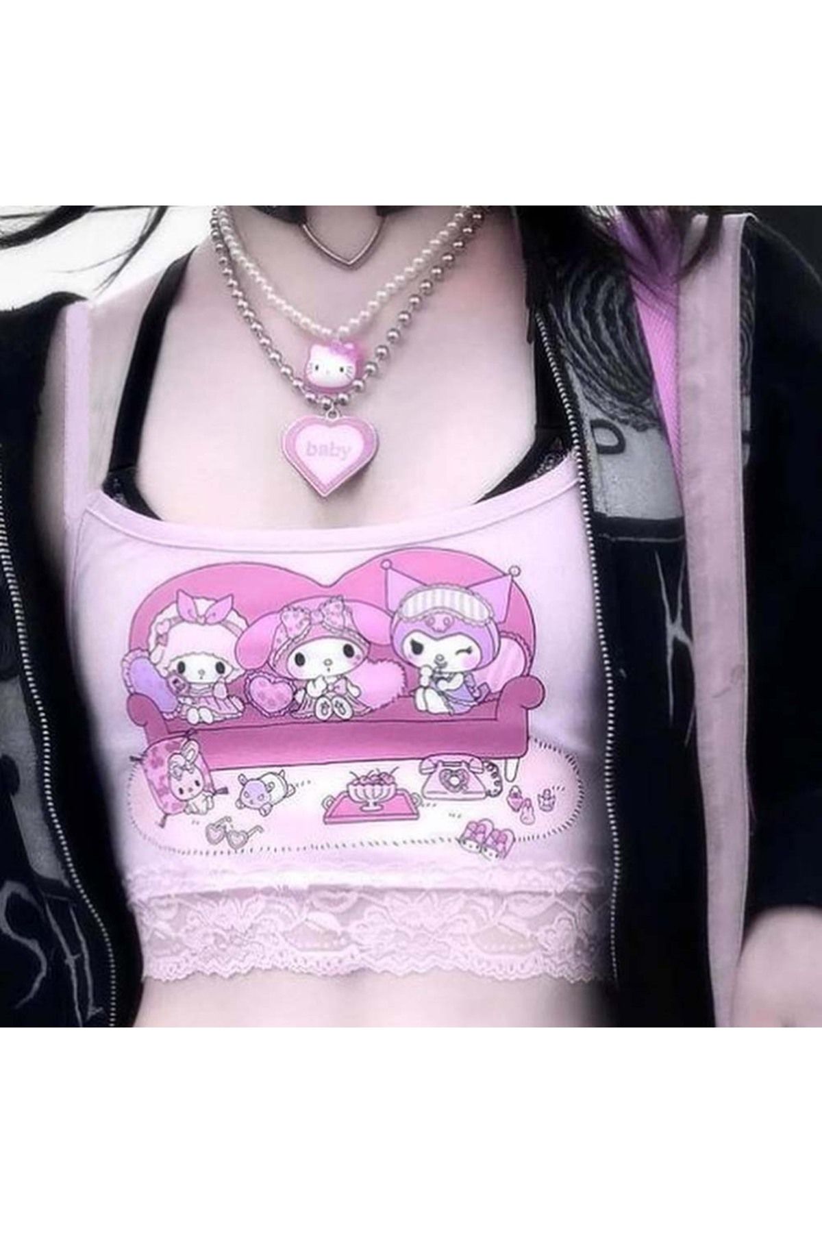 facnspt My Melody ve Arkadaşları Pembe Dantel Detaylı Crop