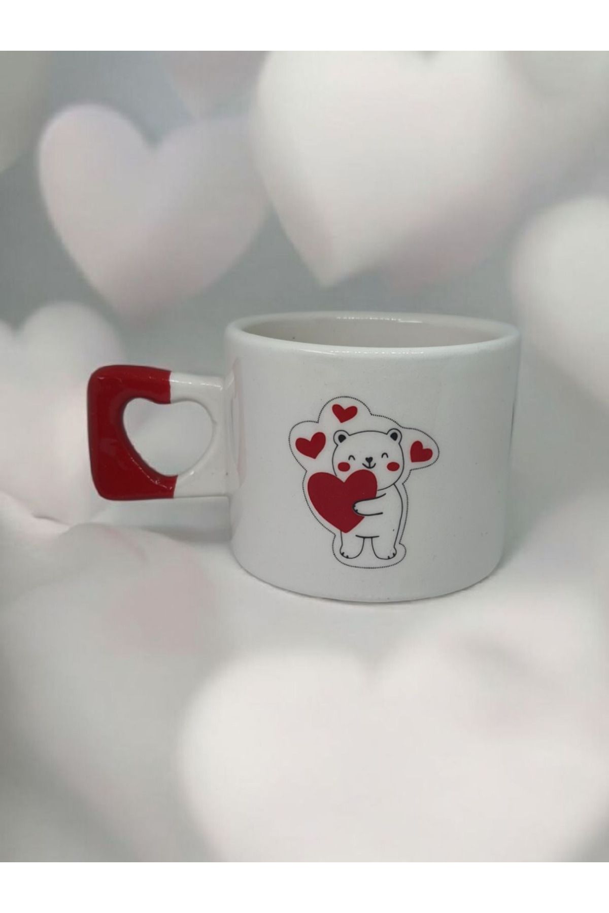 Simge Seramik Sevimli Ayı Çift Taraf Çizimli Kalp Kulplu El Yapımı Doğal Seramik Mug Kupa Fincan