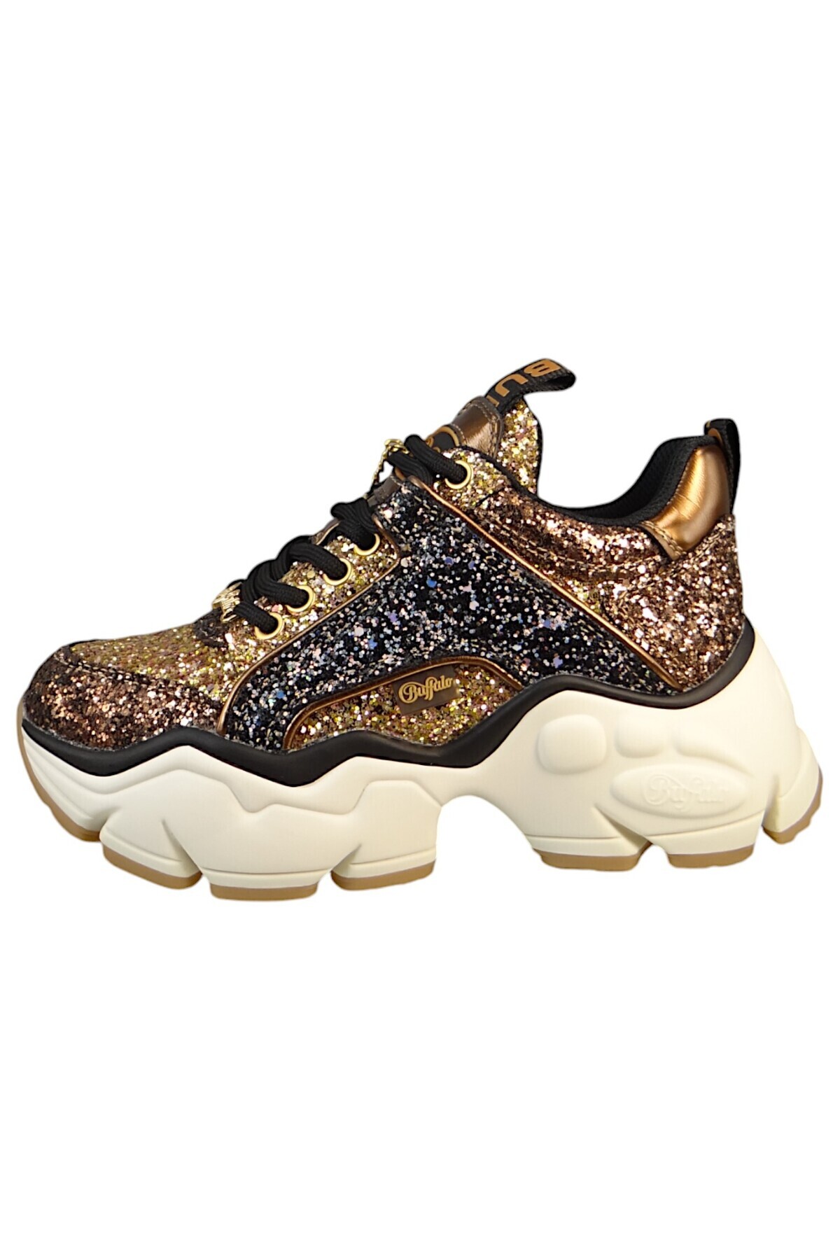Buffalo-Damen Mid Sneaker Binary Glam Low Top 1636282 Goldfarben Black/Gold Kunstleder mit herausnehmbarem 3