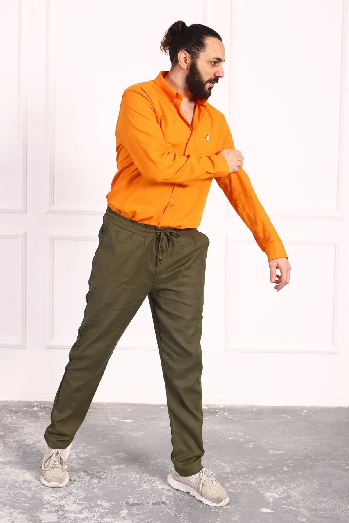 Tam12den Home-Men's Linen Trousers - Khaki, Elastic Waist and Laced 2