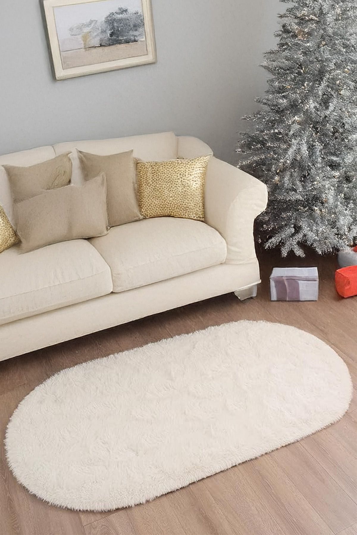 ESSPERO HOME Modern Krem Oval Yumuşak Peluş Halı Salon Oturma Çocuk Yatak Odası Mutfak, Antre