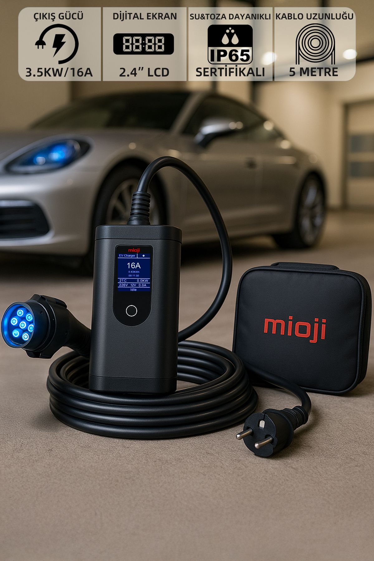 Mioji Mio 717 3.5kw/16a 2.4 Lcd Ekran Ip65 Suya Dayanıklı Taşınabilir Elektrikli Araç Şarj Cihazı