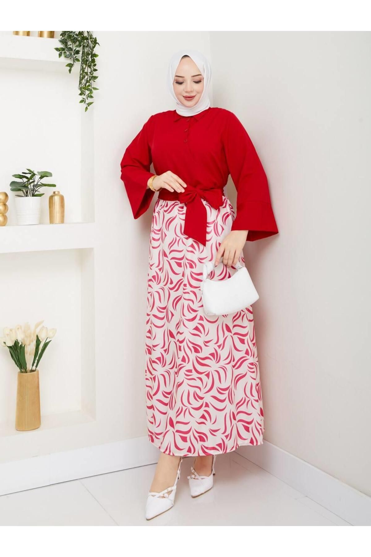 moda periy kadın yazlık mevsimlik tarz Yandan Bağlamalı Tunik Desenli Etek Takım tesettür kombin
