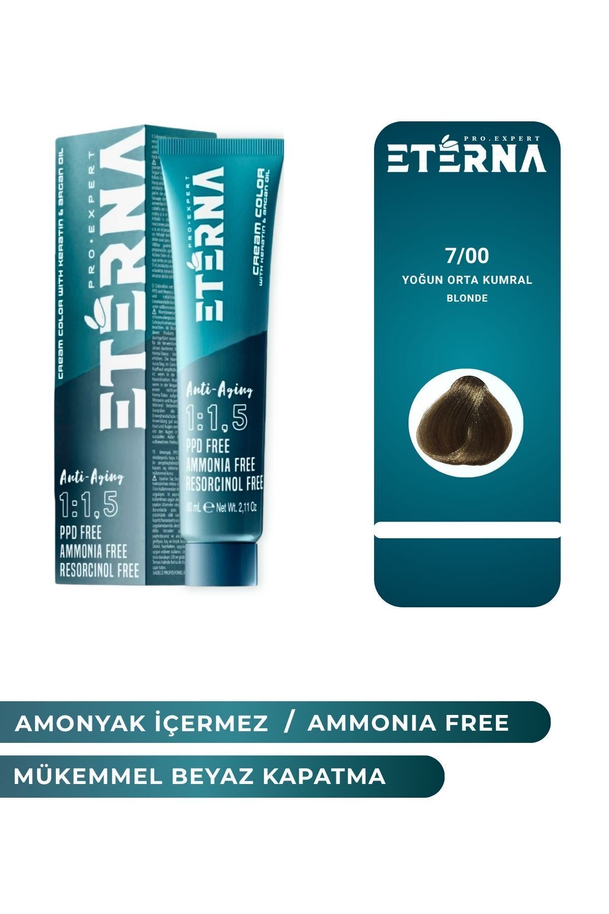ETERNA Amonyaksız Organik İçerikli Saç Boyası 60 ml 7/00 Yoğun Orta Kumral ve 90 ml Eterna Oksidan
