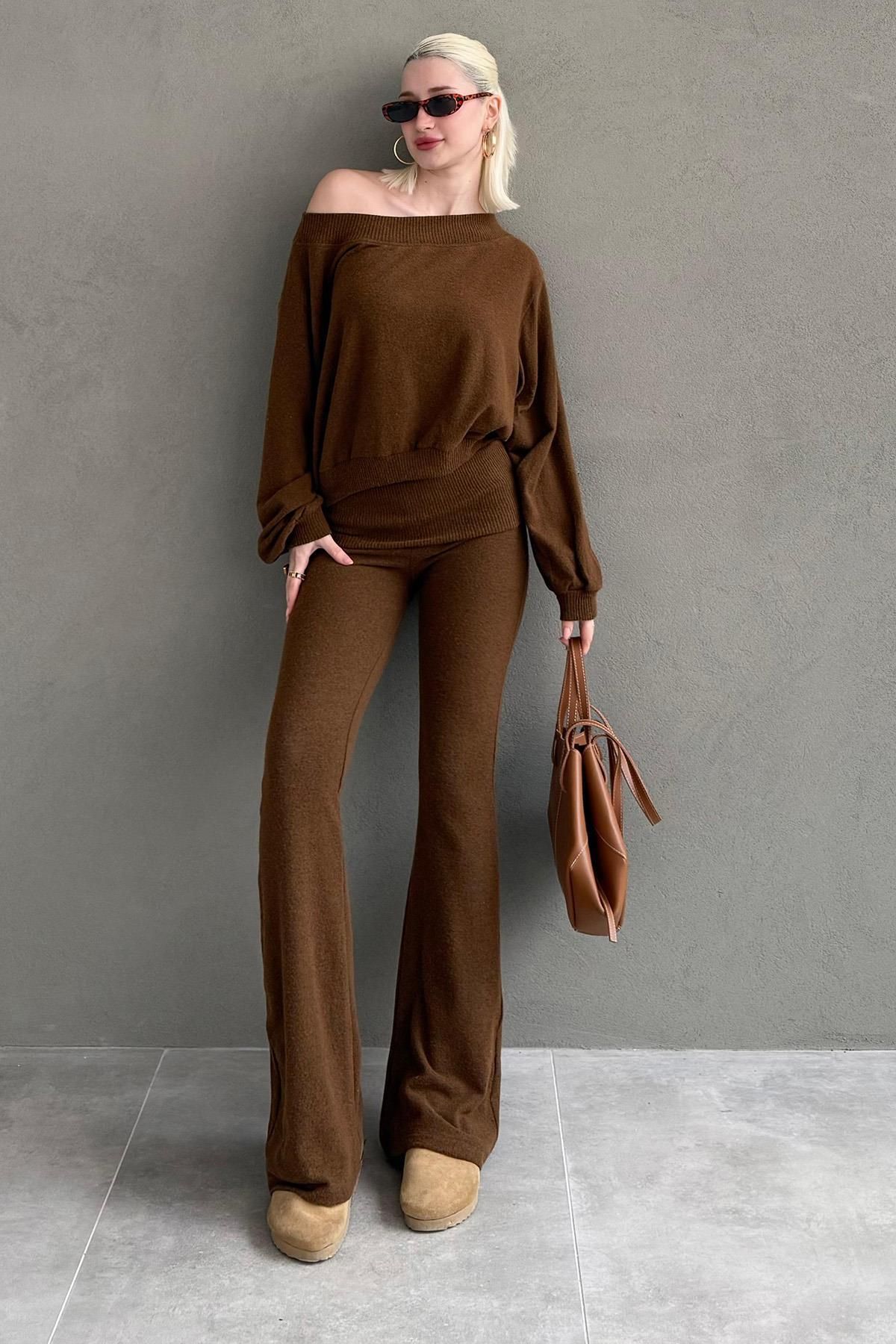 Madmext Kahverengi Bluz Pantolon İkili Takım Mg2289