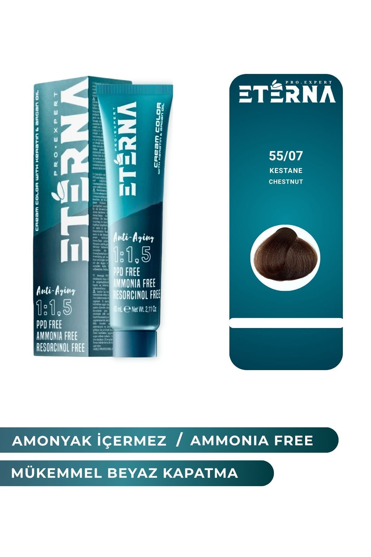 ETERNA Amonyaksız Organik İçerikli Saç Boyası 60 ml 55/07 Kestane ve 90 ml Eterna Oksidan