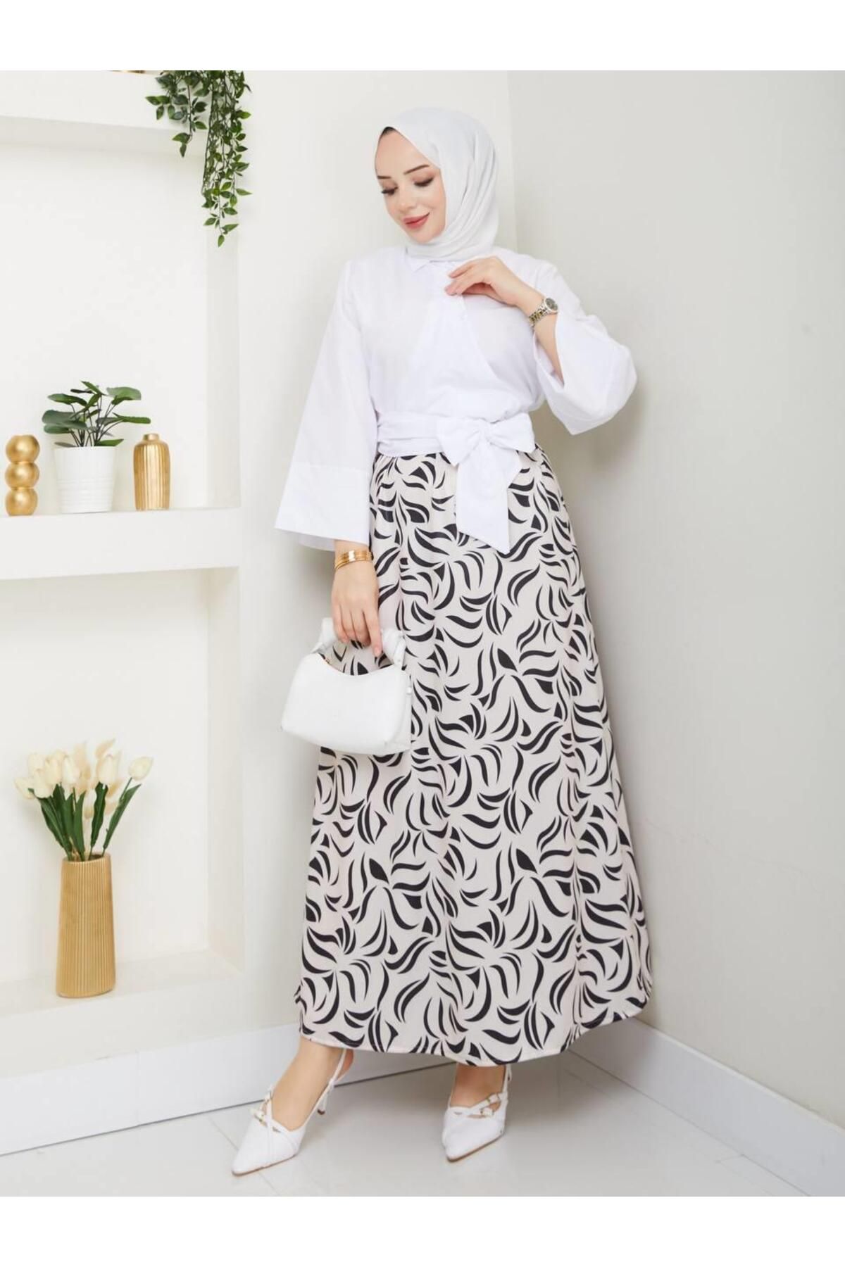moda periy kadın yazlık mevsimlik tarz Yandan Bağlamalı Tunik Desenli Etek Takım tesettür kombin