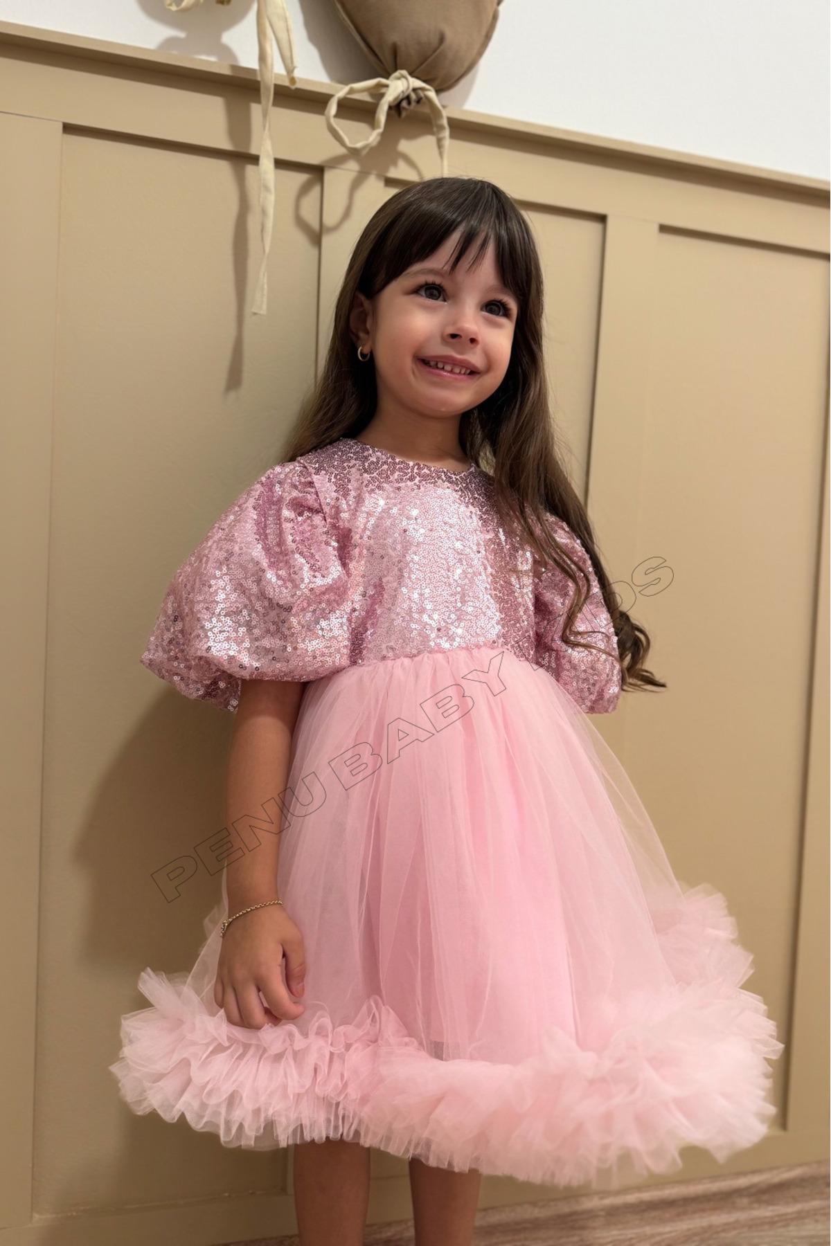 penu baby kids Pembe Payet Detaylı Etek Ucu Fırfırlı Kız Çocuk Kız Bebek Abiye Elbise fotoğrafı 6 (önizleme)