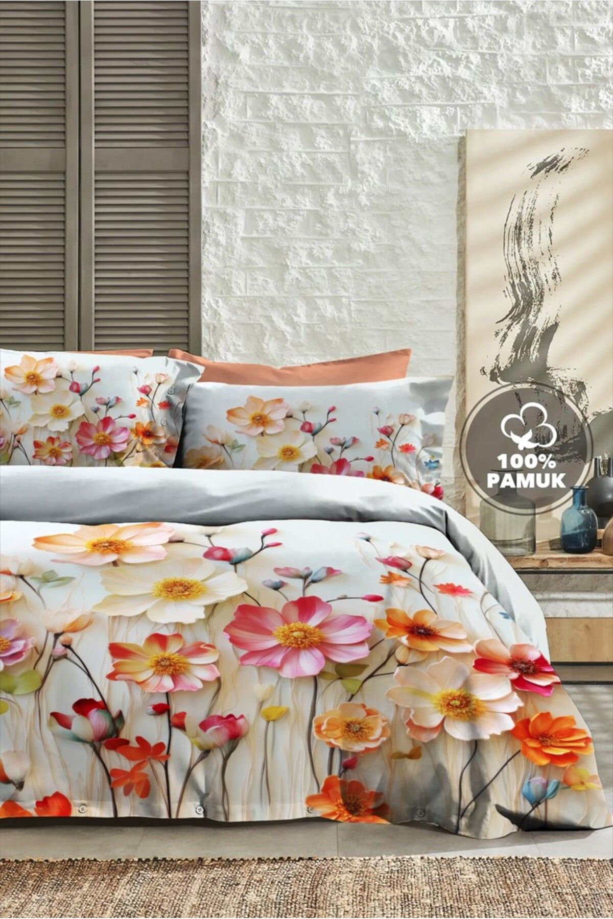 MonoHome Çift Kişilik Nevresim 3D Tasarım %100 Pamuk Oeko-tex®Sertifikalı Özel Dokuma Flowers of Dream
