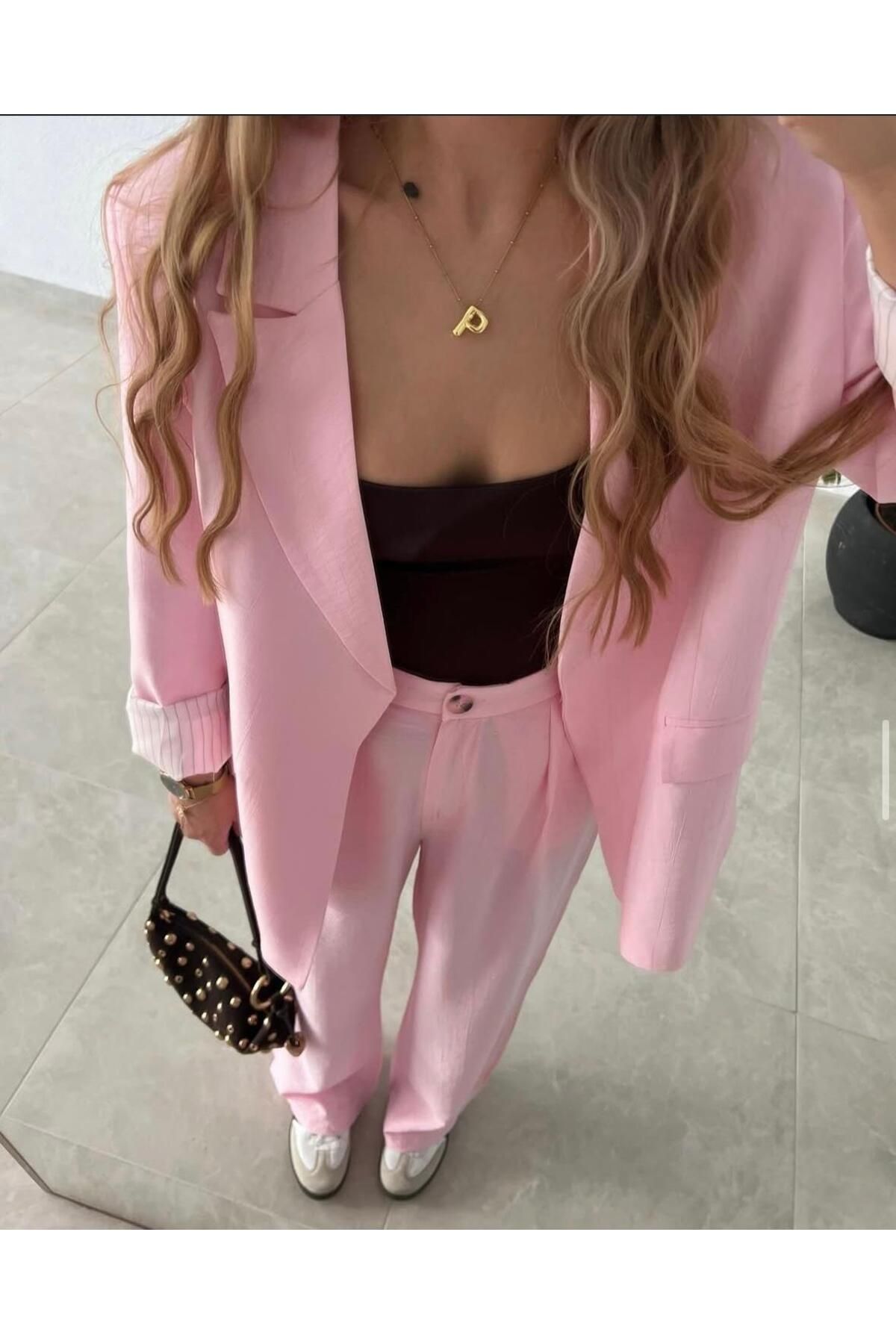 THELOST RUSHKA Kadın Vatkalı Astarlı Çizgili Çilek Kumaş Blazer Ceket