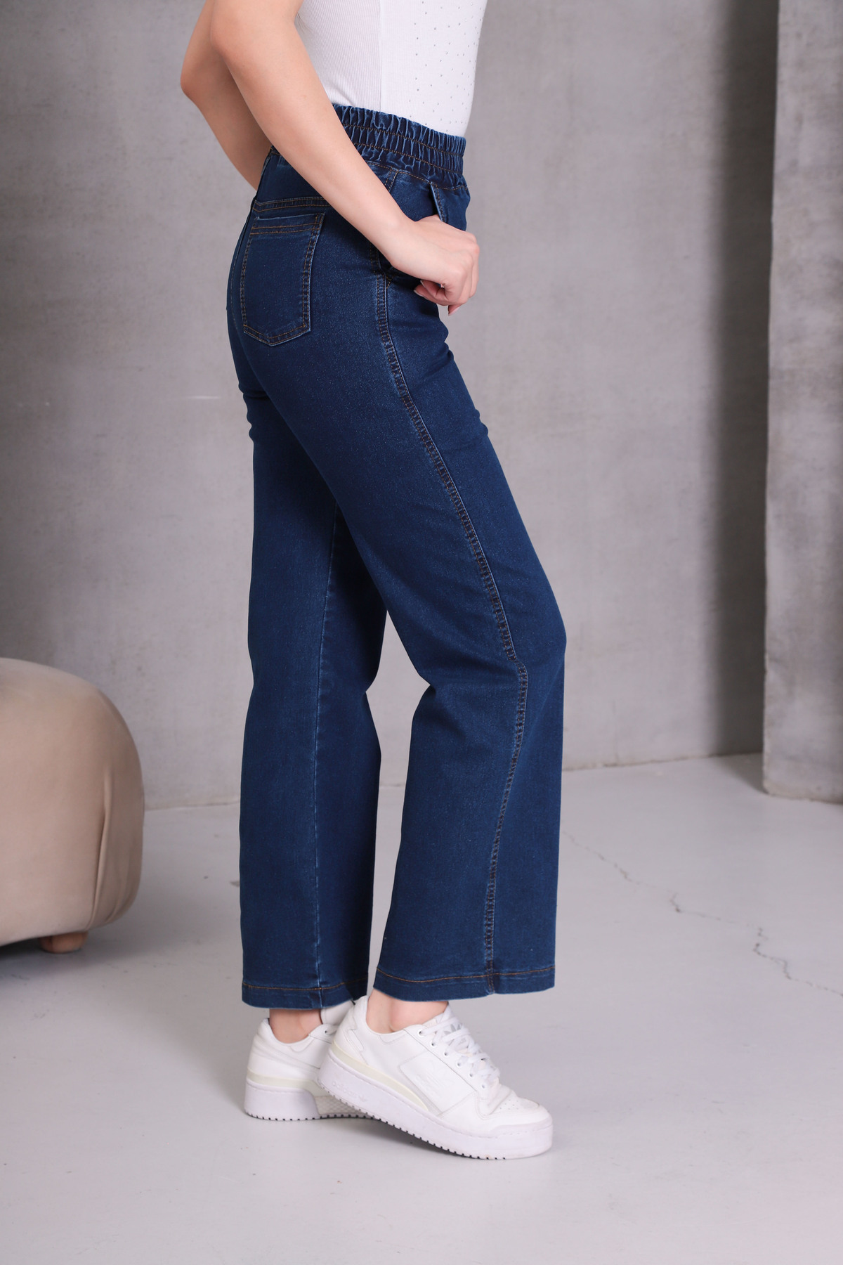 NEŞA KOTÇU  LACİVERT Kadın Kot Pantolon Beli Lastikli Yüksek Bel Likralı PLAZZO Büyük-Küçük Beden Jeans - Görsel 6