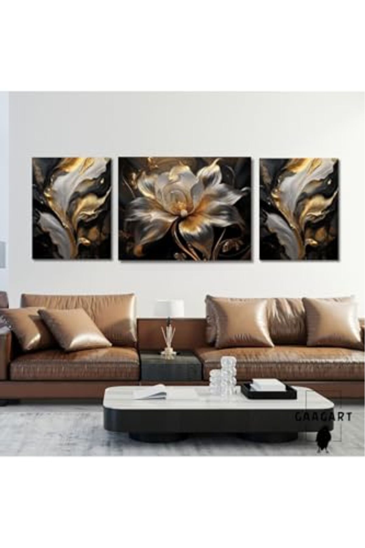 ShopZum Gaagart 3Lü Kanvas Şık Salon Duvar Tablosu Gri Kahverengi Çiçek Dizayn, 40 X 60