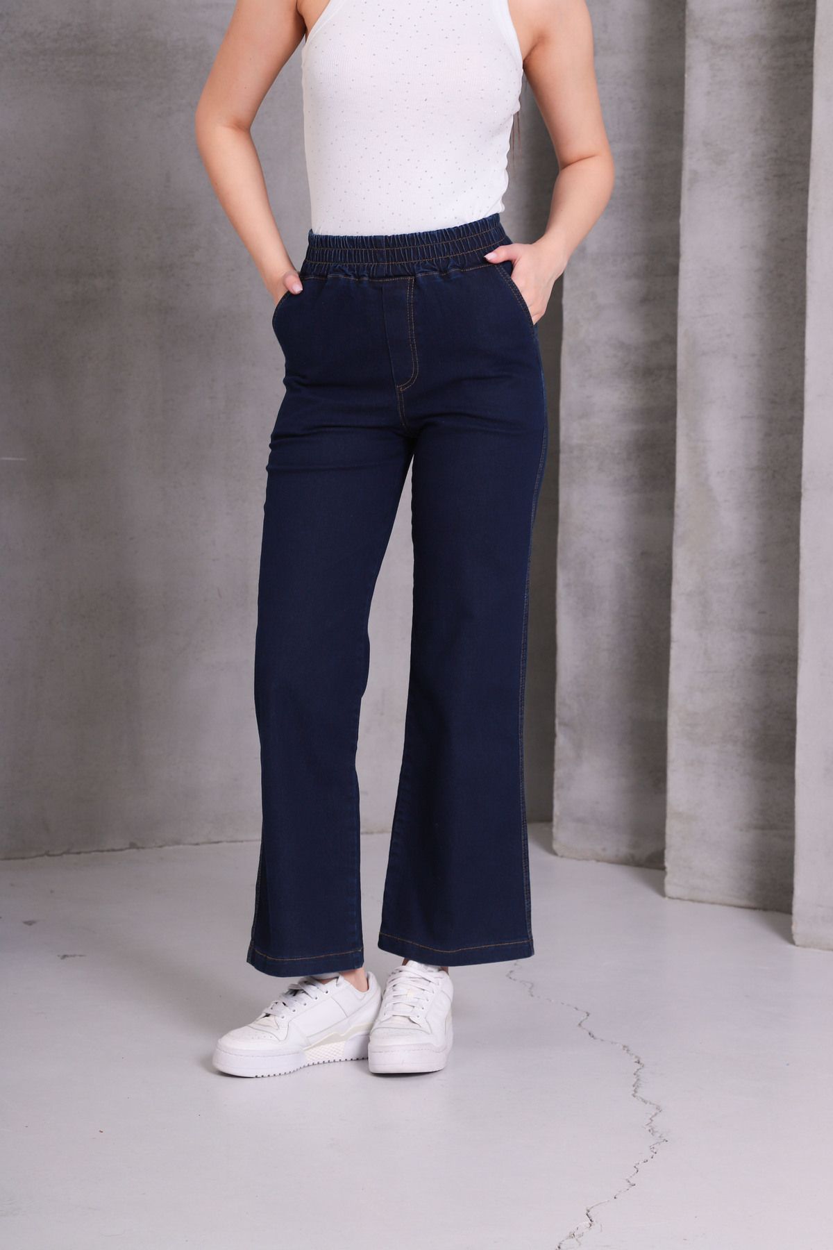 NEŞA KOTÇU KOYU MAVİ Kadın Kot Pantolon Beli Lastikli Yüksek Bel Likralı PLAZZO Büyük-Küçük Beden Jeans