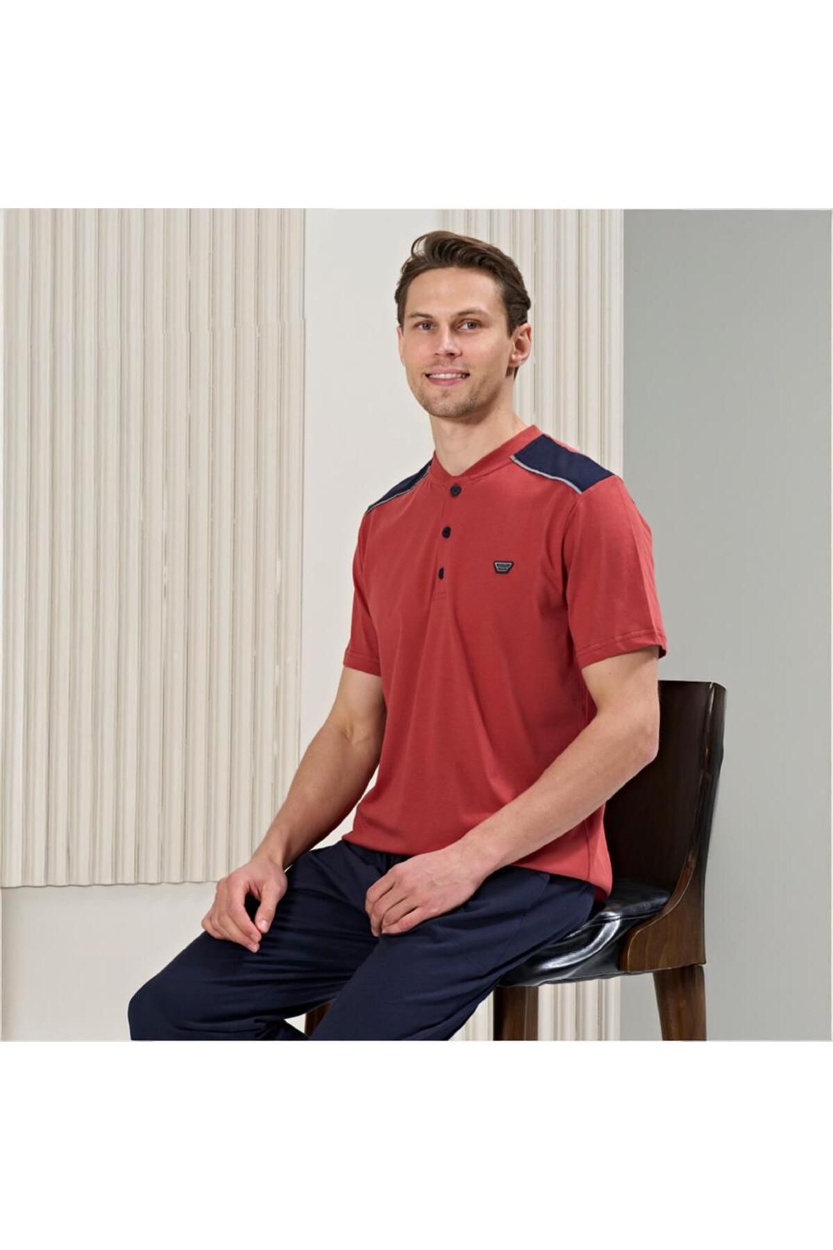 Over Sleep by Poleren Over Sleep 1719 Erkek Kısa Kol Uzun Alt Yazlık Pijama Takım