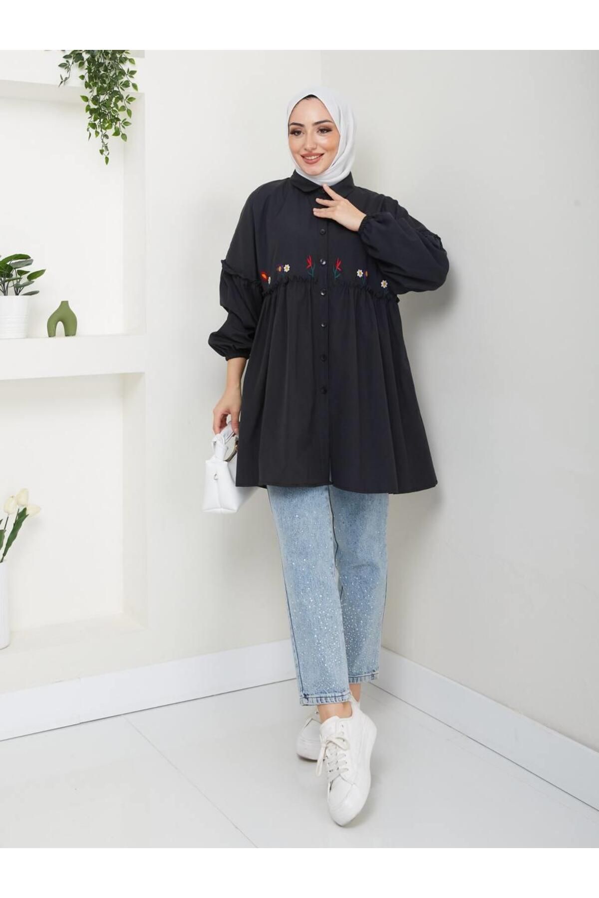 moda periy Kadın yazlık tarz Nakış Detaylı Tesettür Tunik