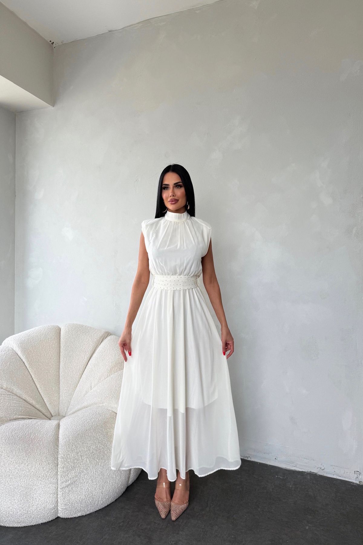 Neşeli Butik kadın kuşağı taş detaylı midi şifon elbise NBMY3509