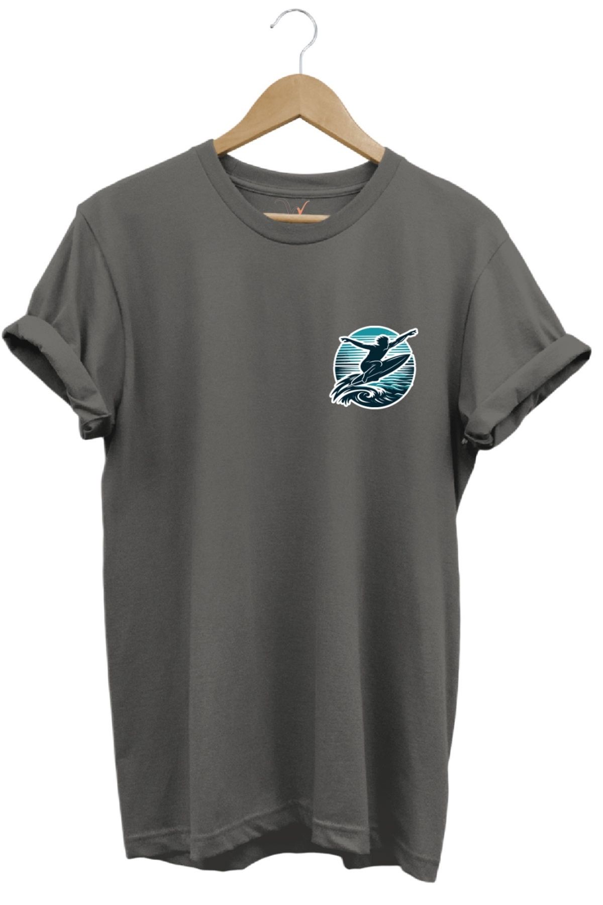 MODA Surf Baskılı Dalgalarla Yarışan Minimal Tişört %100 Pamuk Bisiklet Yaka Basic T-shirt