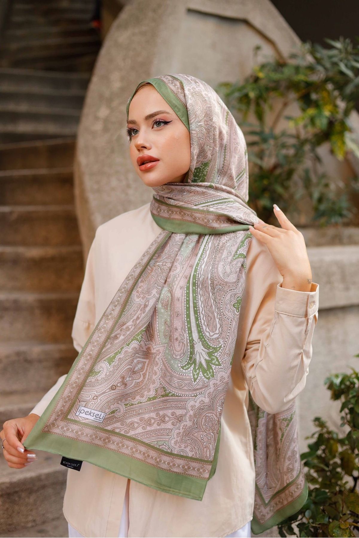 İpekseli Premium Kalite Etnik Desen Yeşil Şal 70*200